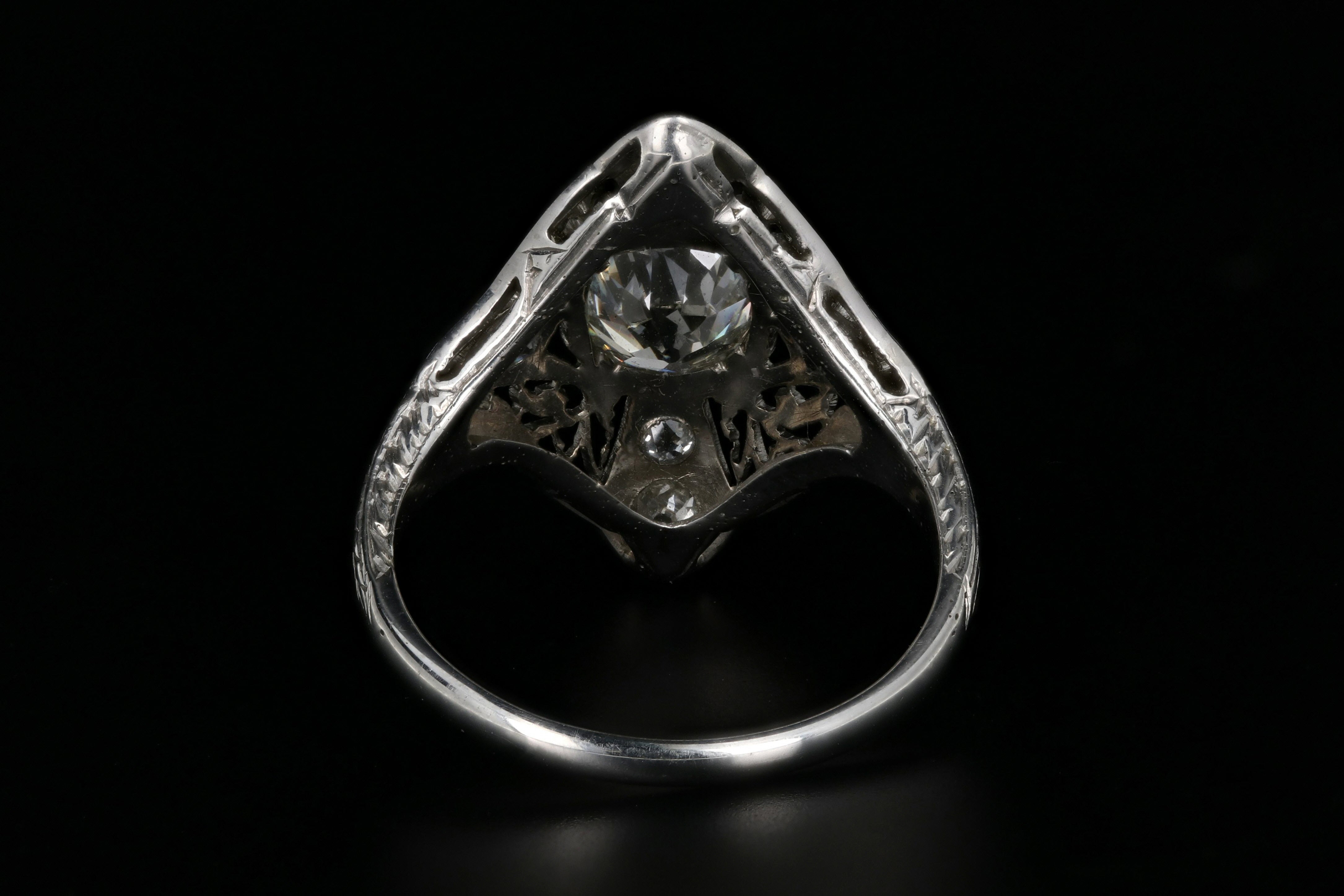 Art Deco Platinum 1.01 Carat Old Mine Cut Diamond Shield Ring - Queen May
