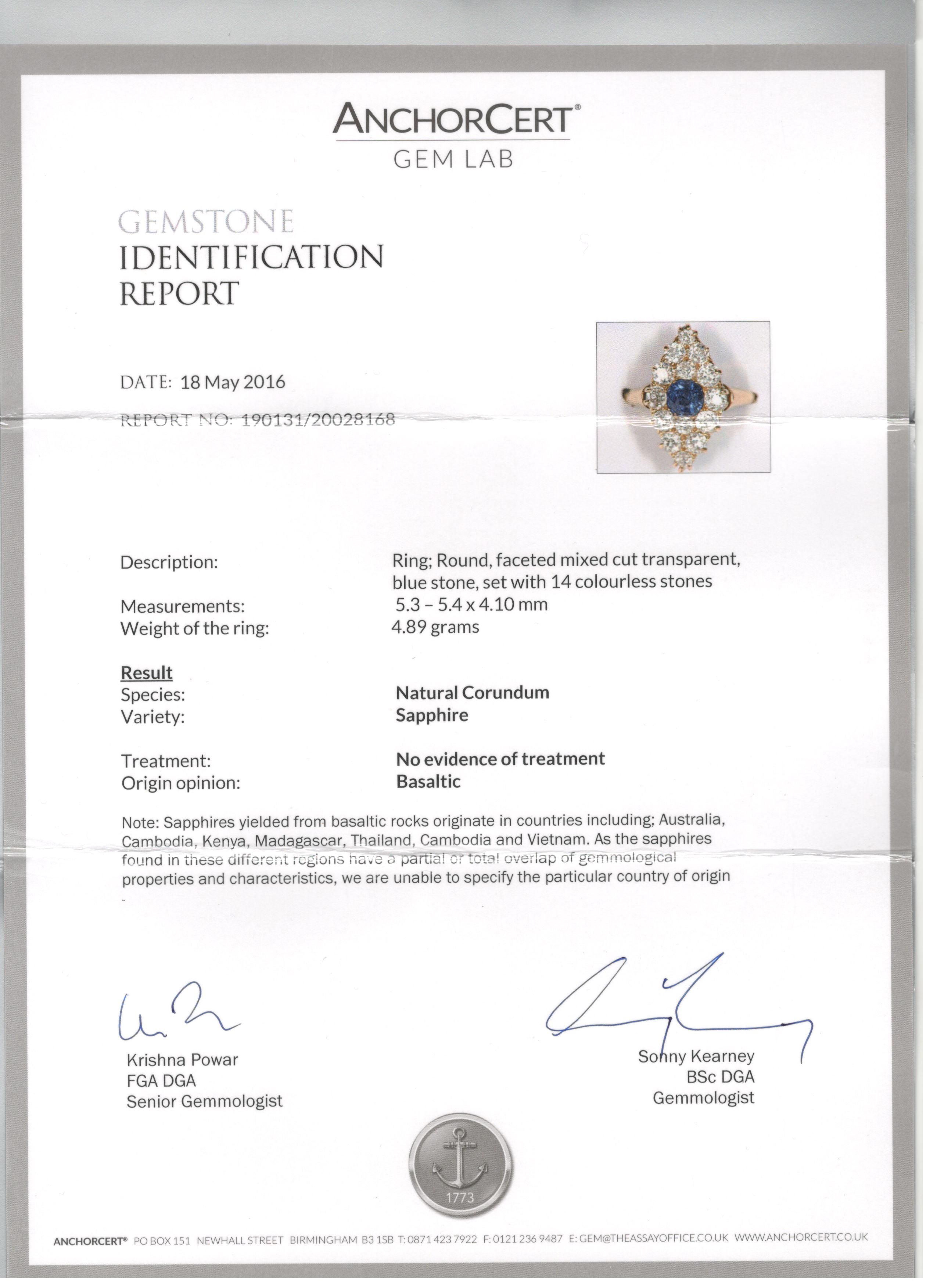 Victorian 18K Yellow Gold 1 Carat Natural No Heat Sapphire and Diamond Navette Ring - Queen May