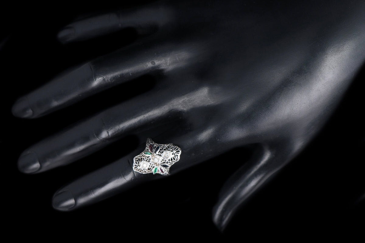 Art Deco 18K White Gold Diamond & Gemstone Filigree Shield Ring - Queen May