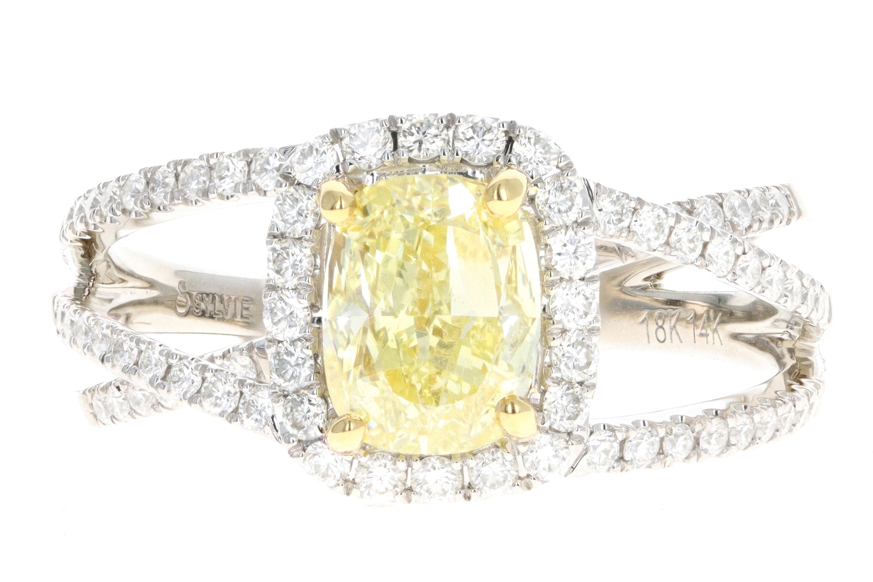 Modern 14K White Gold 1.50 Carat Fancy Yellow Cushion Diamond Engagement Ring - Queen May