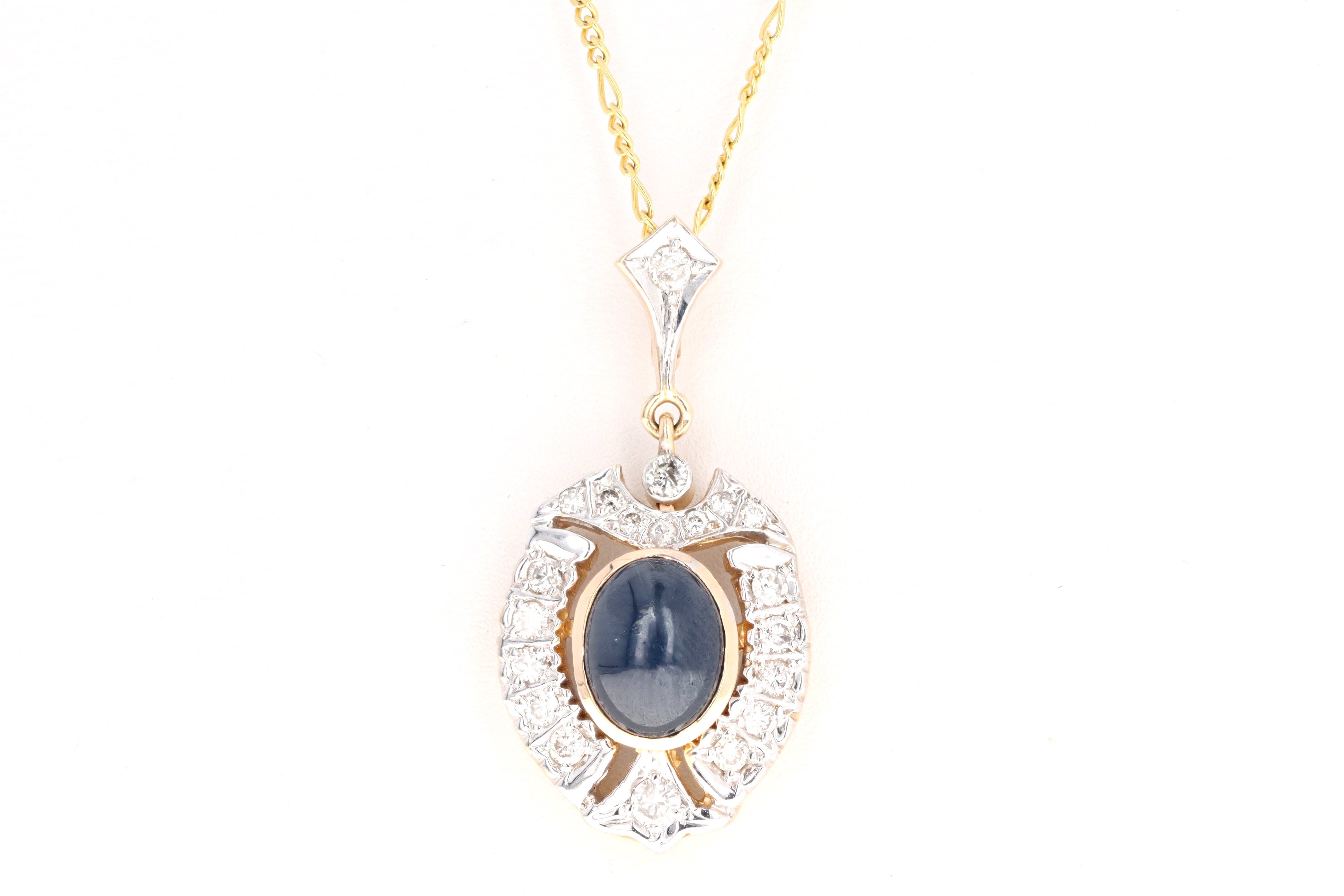 Vintage 14K Gold 3 Carat Cabochon Natural Sapphire & Diamond Pendant Necklace - Queen May