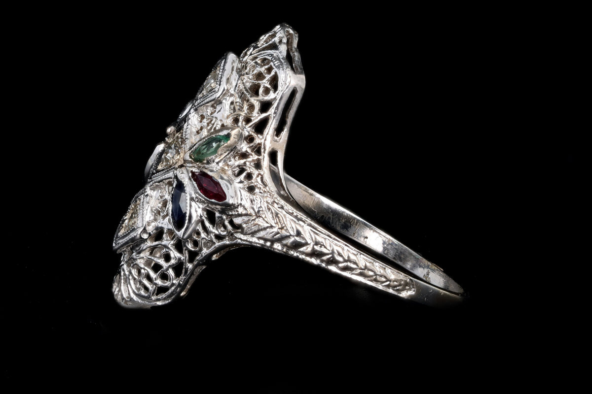 Art Deco 18K White Gold Diamond & Gemstone Filigree Shield Ring - Queen May