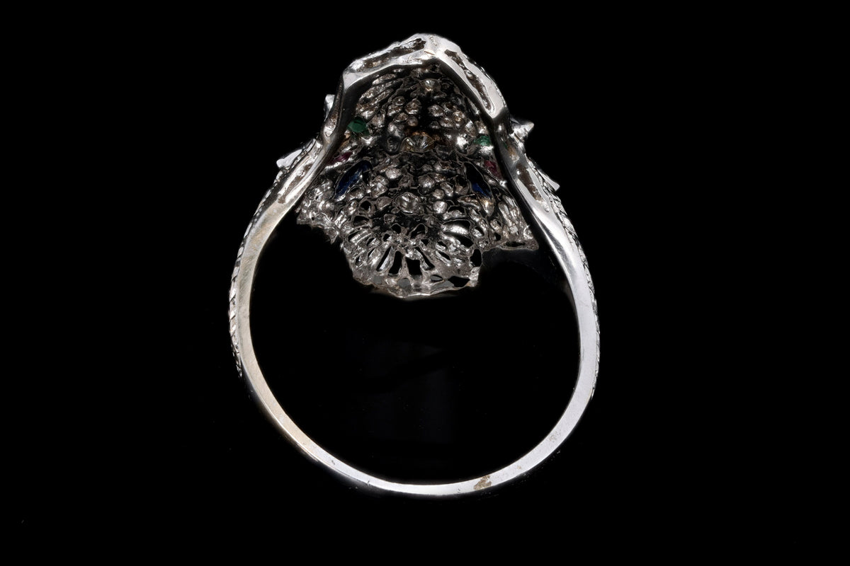 Art Deco 18K White Gold Diamond & Gemstone Filigree Shield Ring - Queen May