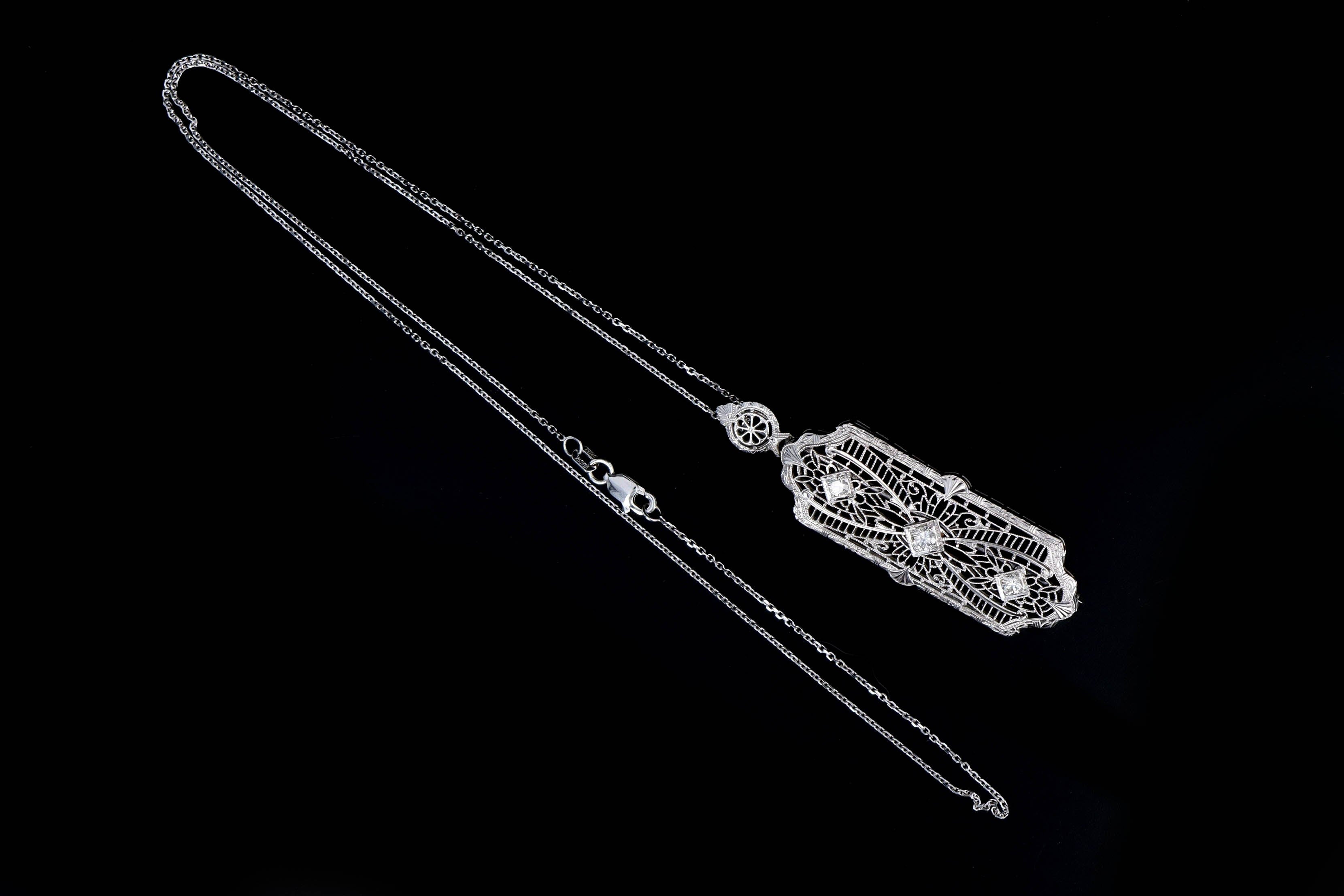 Art Deco 14K White Gold Diamond Bar Pin Conversion Pendant Necklace - Queen May