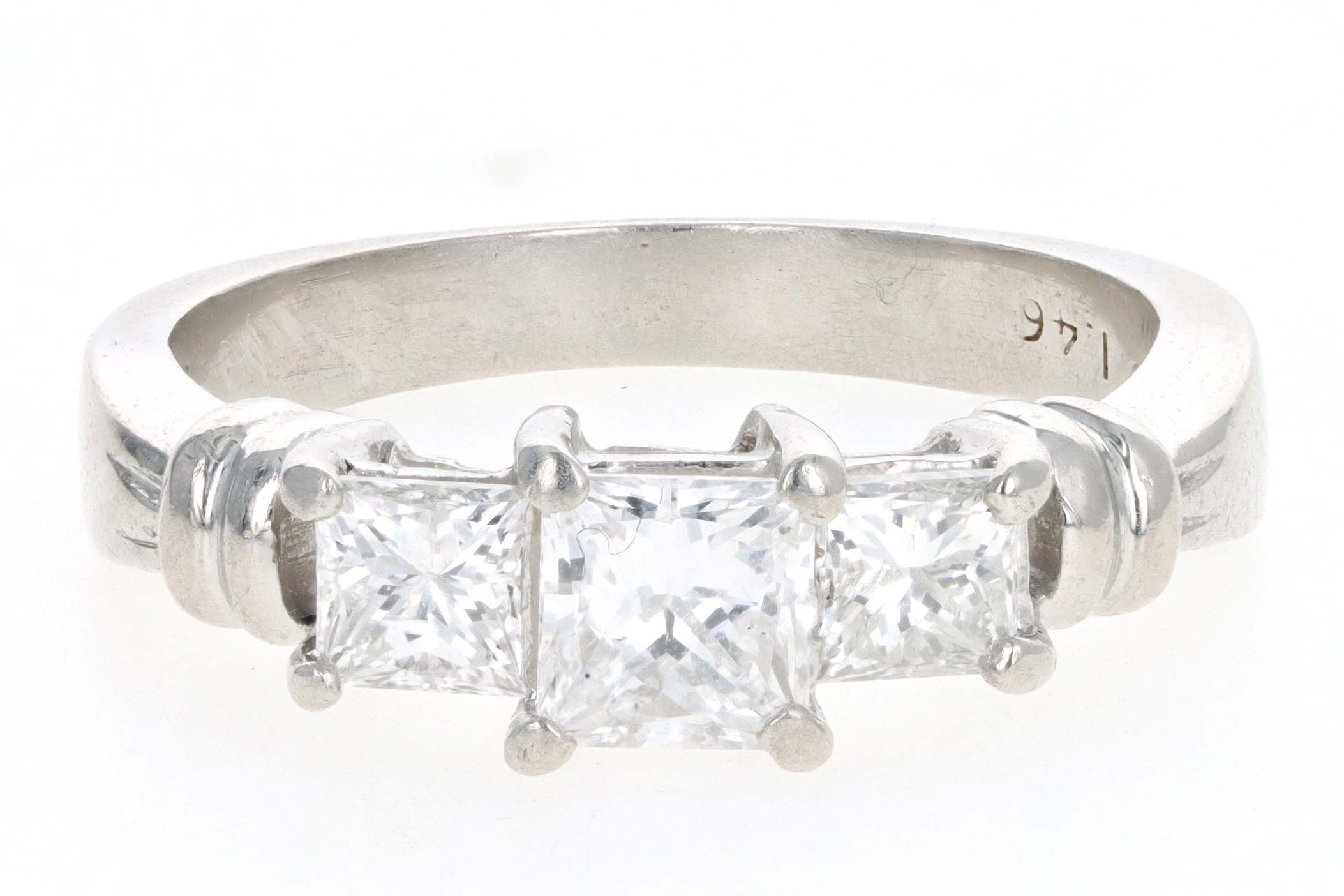 Modern Platinum 1.40 Carat Total Weight Princess Cut Diamond Three Stone Engagement Ring - Queen May