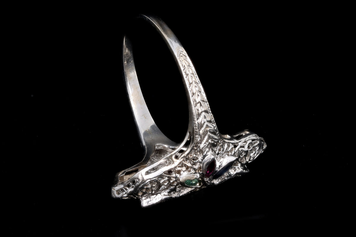 Art Deco 18K White Gold Diamond & Gemstone Filigree Shield Ring - Queen May