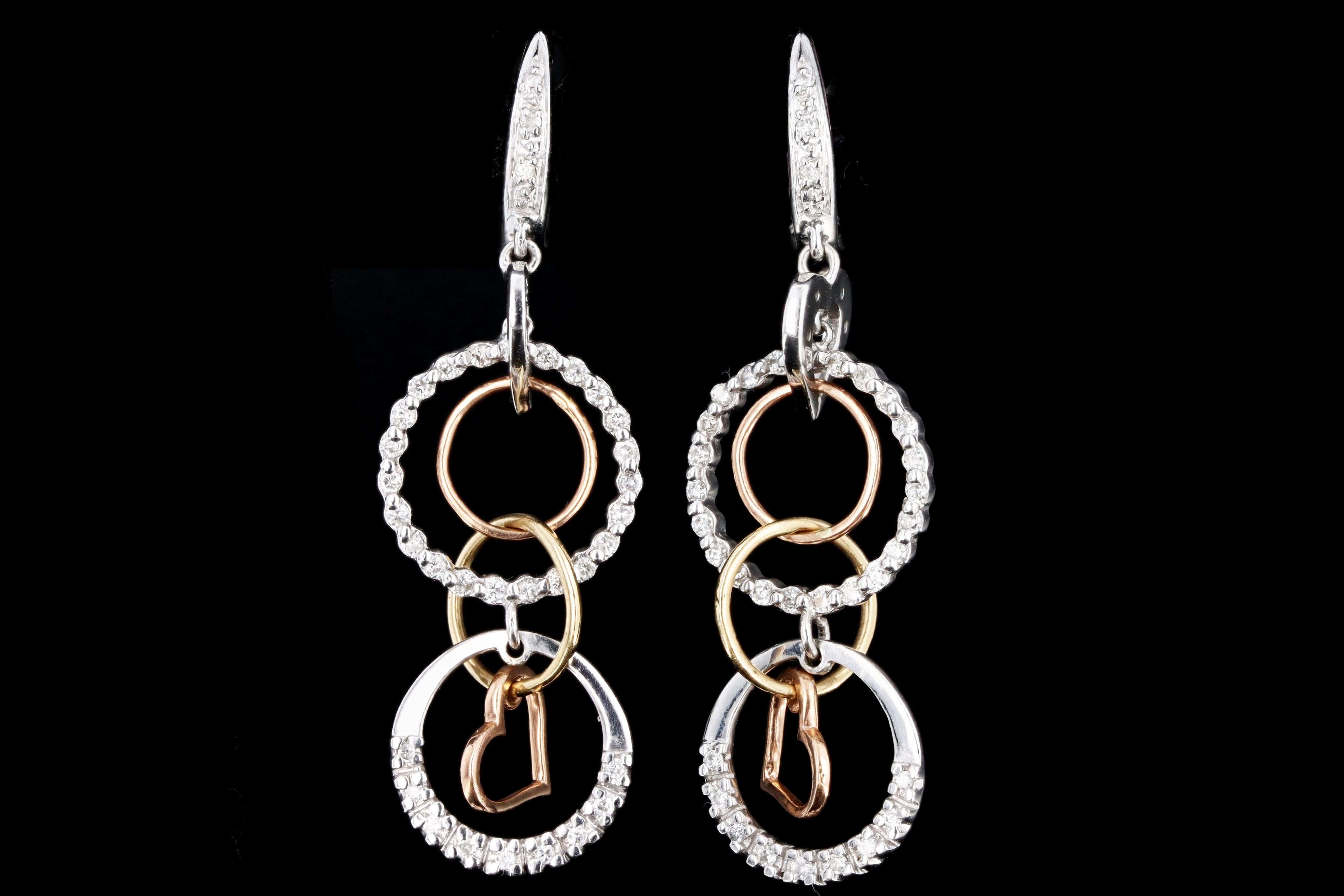 Tricolor 14K Gold Diamond Heart Drop Earrings - Queen May