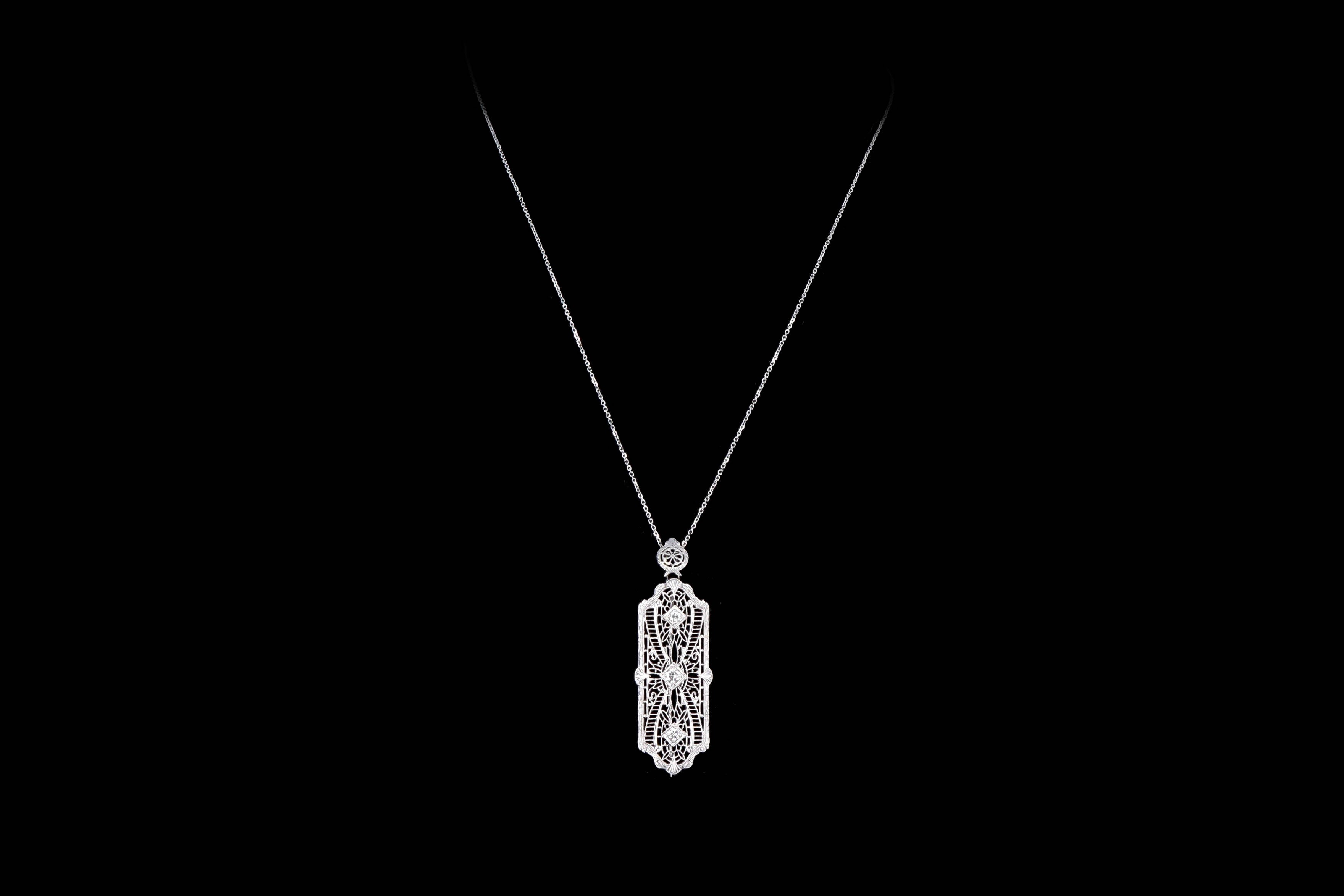 Art Deco 14K White Gold Diamond Bar Pin Conversion Pendant Necklace - Queen May