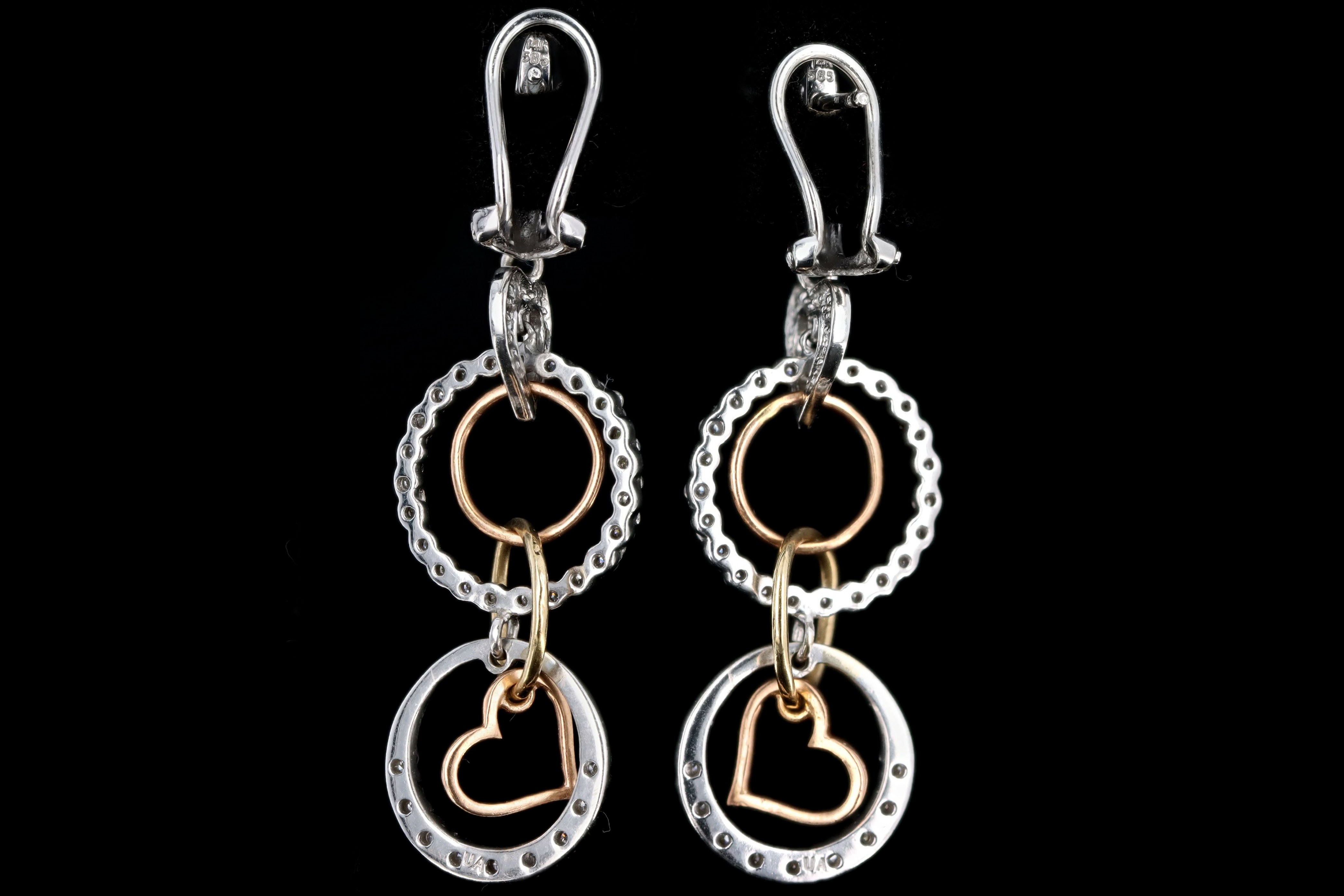 Tricolor 14K Gold Diamond Heart Drop Earrings - Queen May