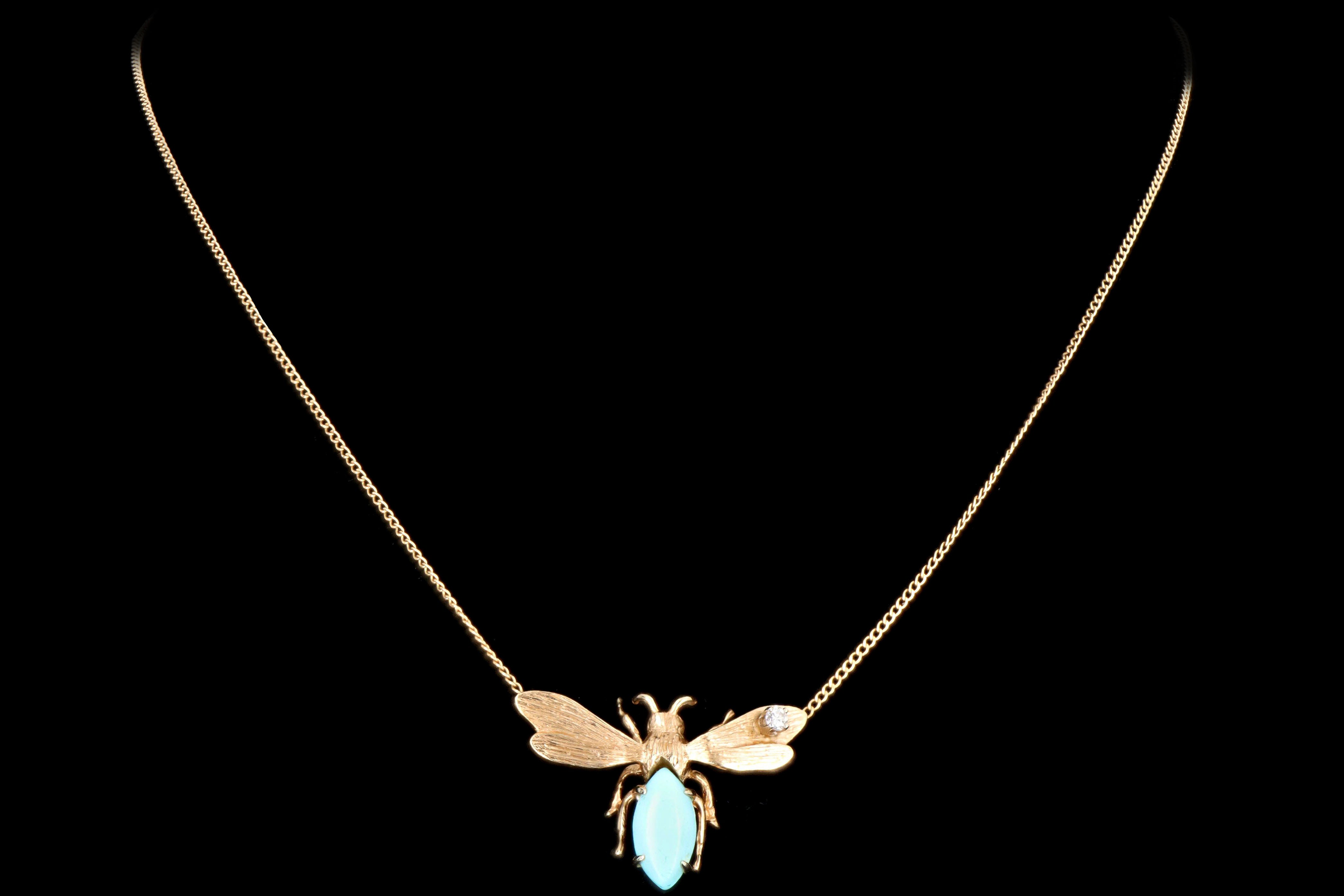 Vintage 14K Yellow Gold Turquoise & Diamond Bumble Bee Pendant Necklace - Queen May