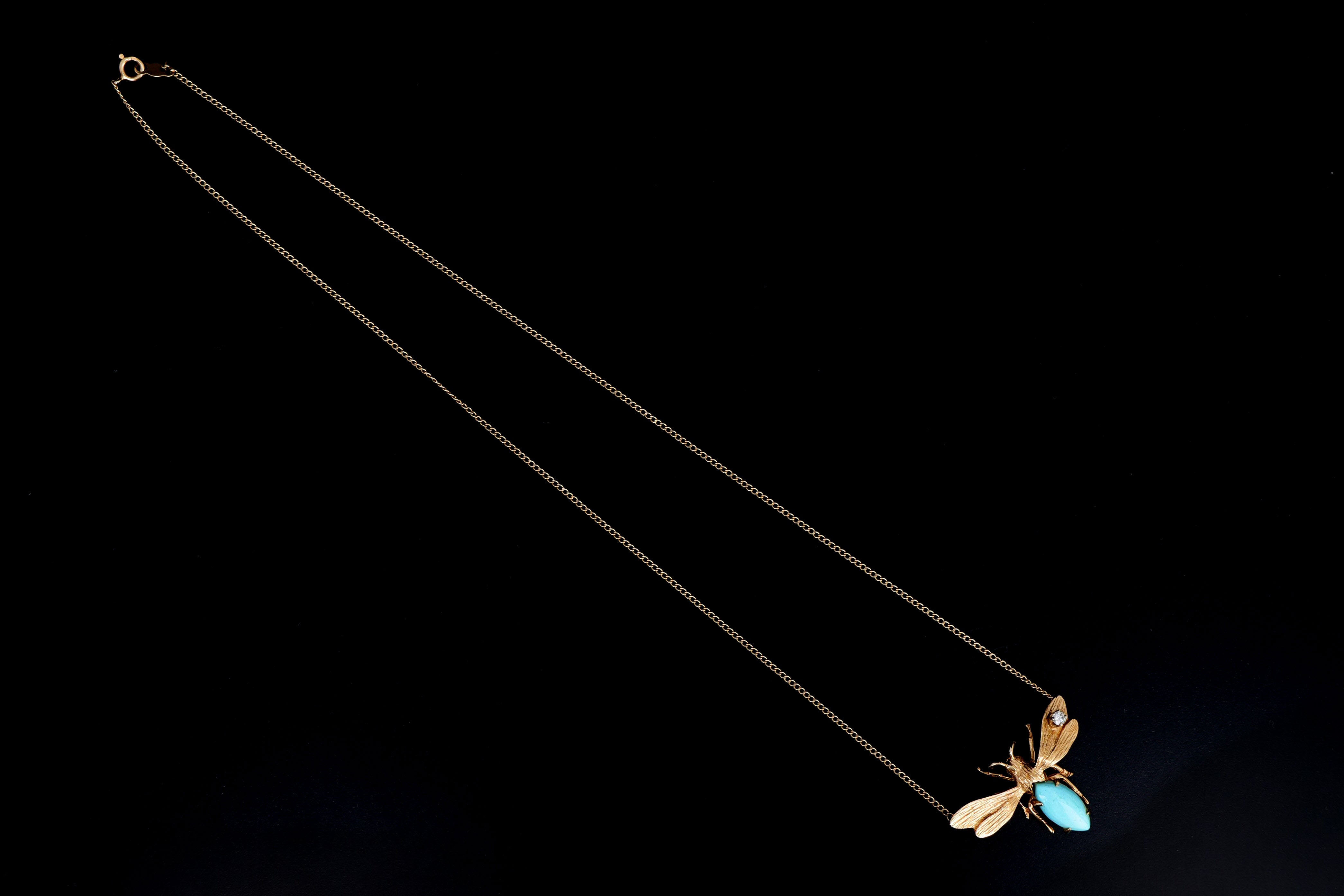 Vintage 14K Yellow Gold Turquoise & Diamond Bumble Bee Pendant Necklace - Queen May