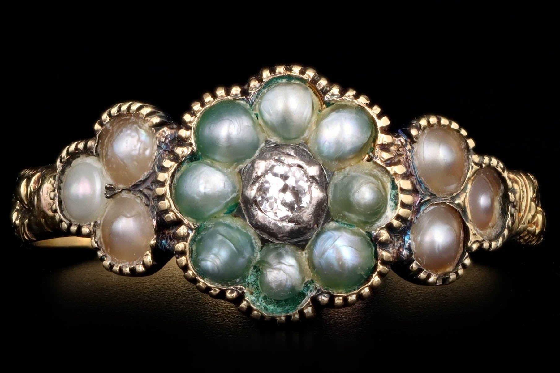 Georgian 18K Yellow Gold Old Mine Diamond & Pearl Ring - Queen May