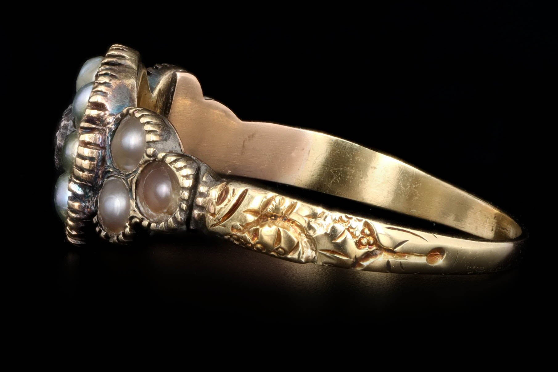 Georgian 18K Yellow Gold Old Mine Diamond & Pearl Ring - Queen May