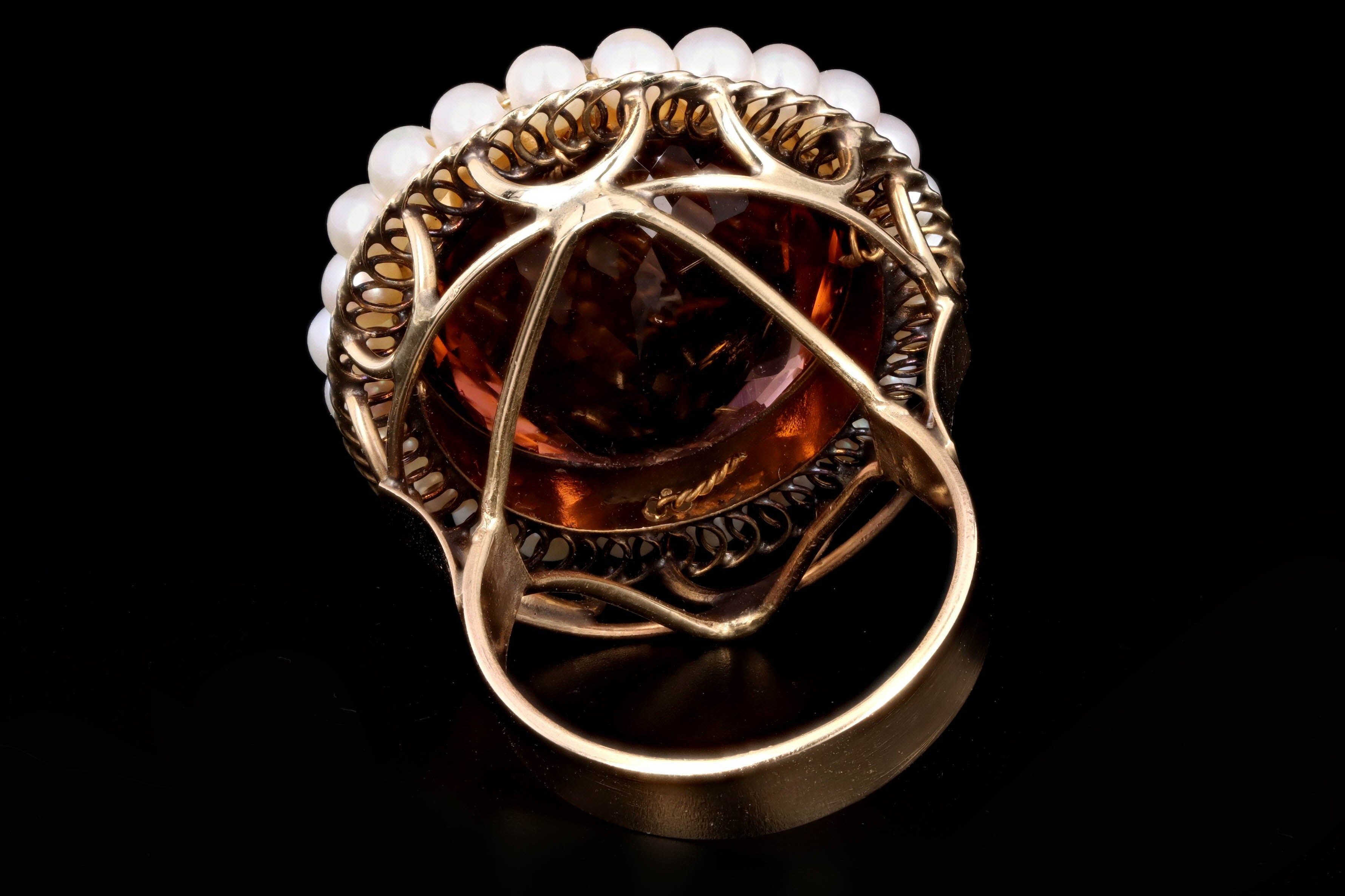 Vintage 14K Yellow Gold 22 Carat Tourmaline & Pearl Ring - Queen May