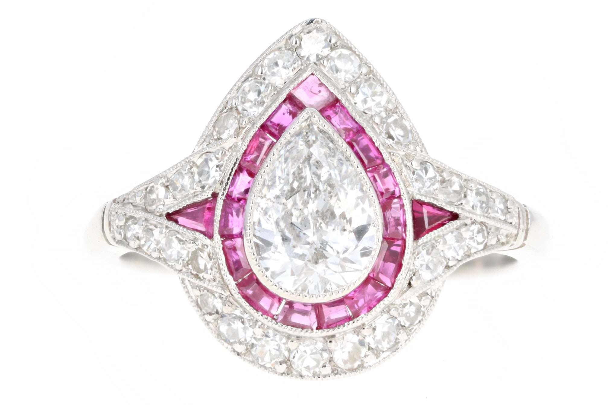 Art Deco Inspired .76 Carat Pear Cut Diamond & Natural Ruby Halo Engagement Ring - Queen May