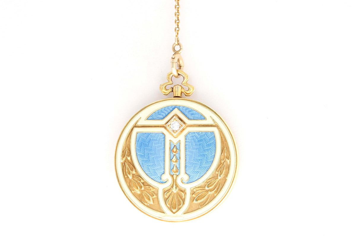 Alling & Co. 14K Art Nouveau Blue Guilloche Enamel Locket Necklace Newark NJ - Queen May