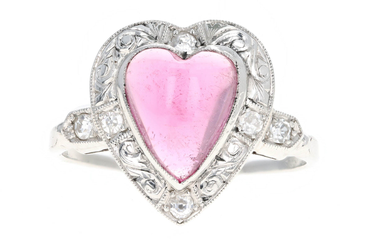 Art Deco Platinum Heart Cabochon Cut Pink Tourmaline & Diamond Ring - Queen May