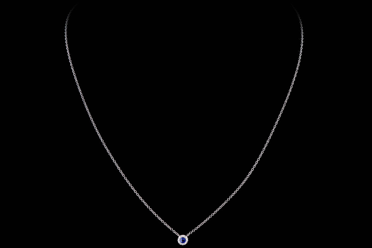 14K White Gold Sapphire & Diamond Halo Pendant Necklace - Queen May