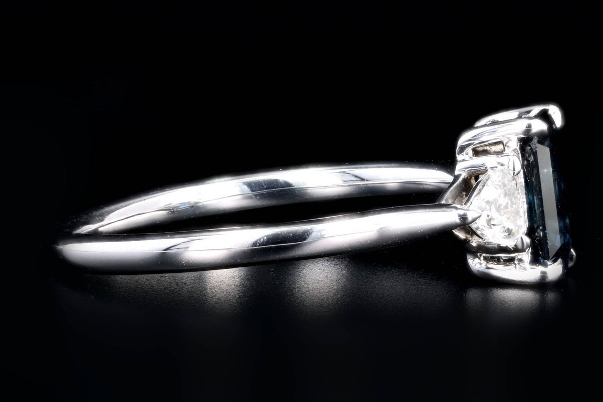 18K White Gold 1.0 Carat Emerald Cut Natural Sapphire & Trillion Diamond Three Stone Ring - Queen May