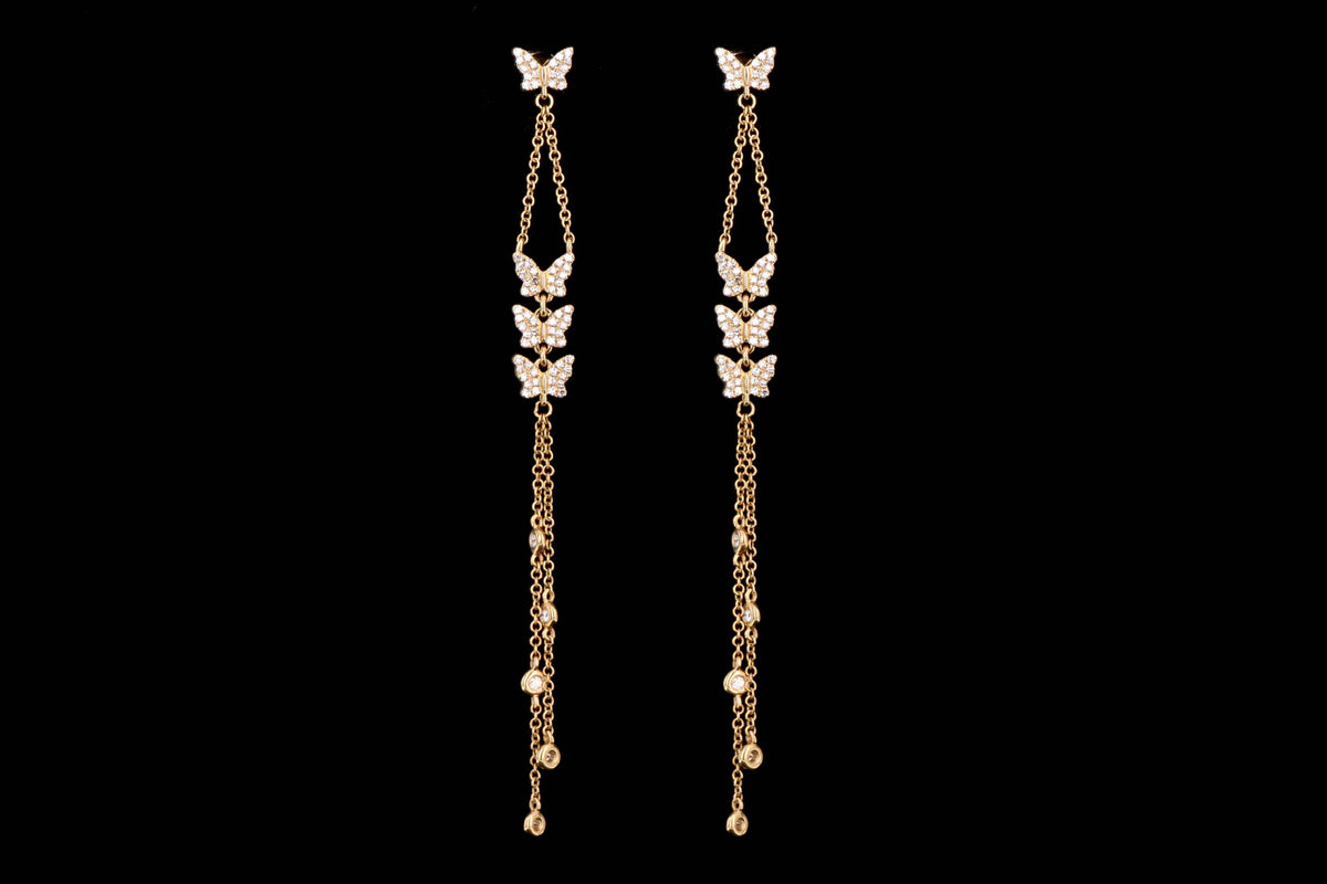 14K Yellow Gold .39 Carat Total Weight Round Diamond Pave Butterfly Drop Earrings - Queen May