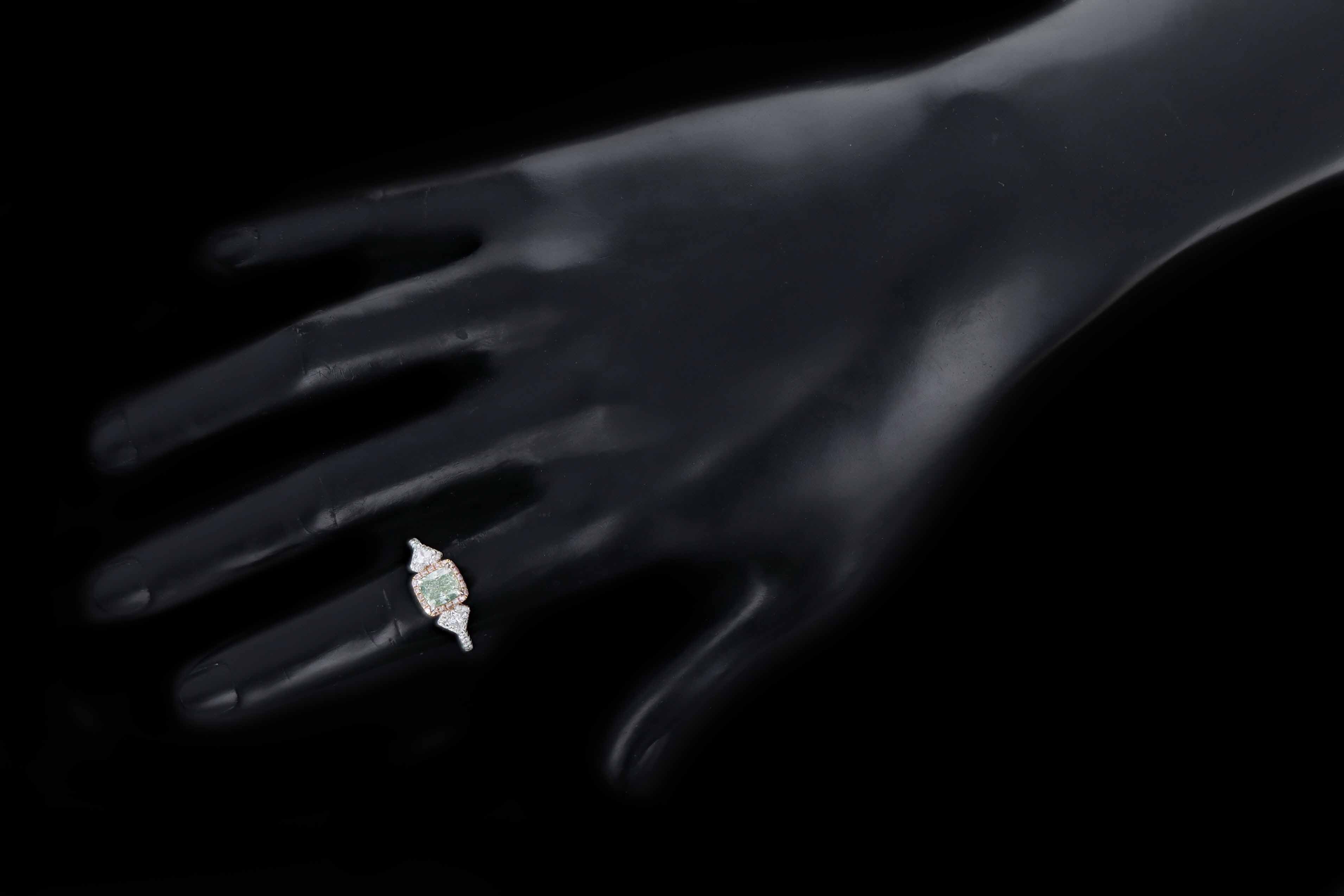 18K White Gold 1.01 Carat Cushion Cut Natural Fancy Yellowish Green Diamond & Light Pink Diamond Engagement Ring GIA Certified - Queen May