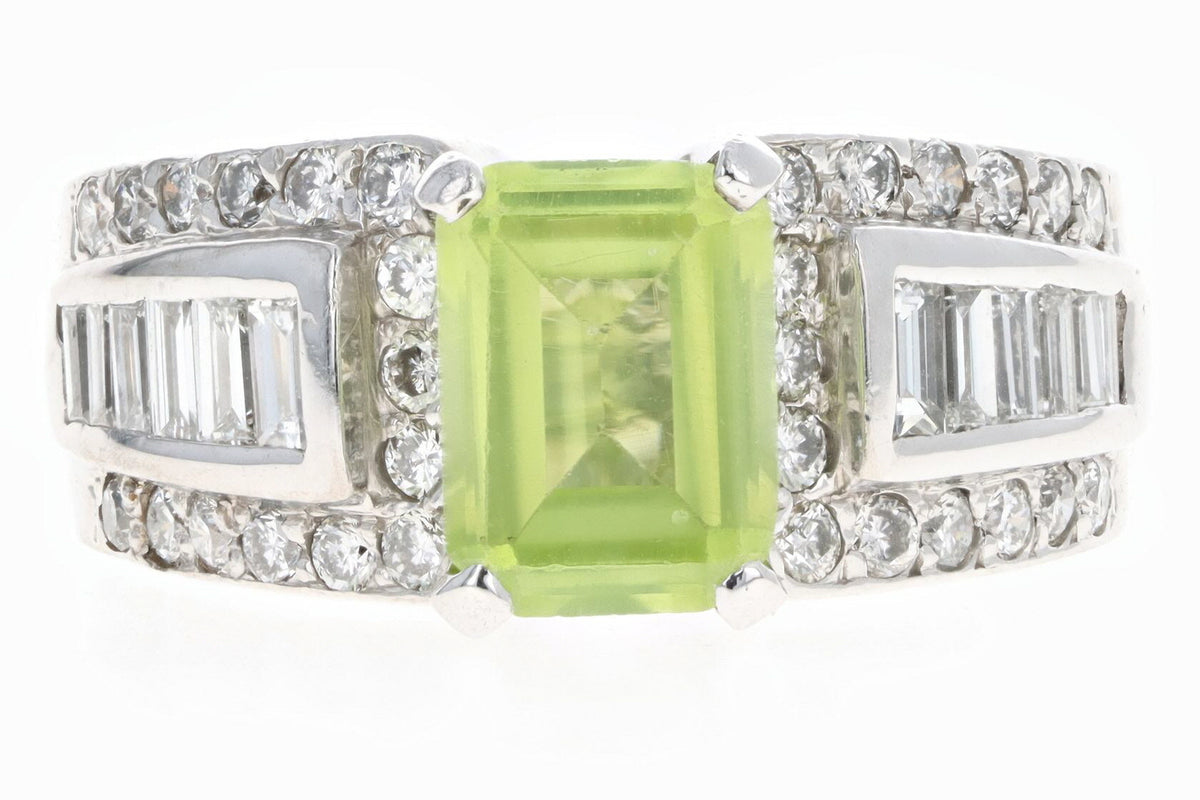 14K White Gold 1.35 Carat Emerald Cut Peridot & Diamond Ring - Queen May
