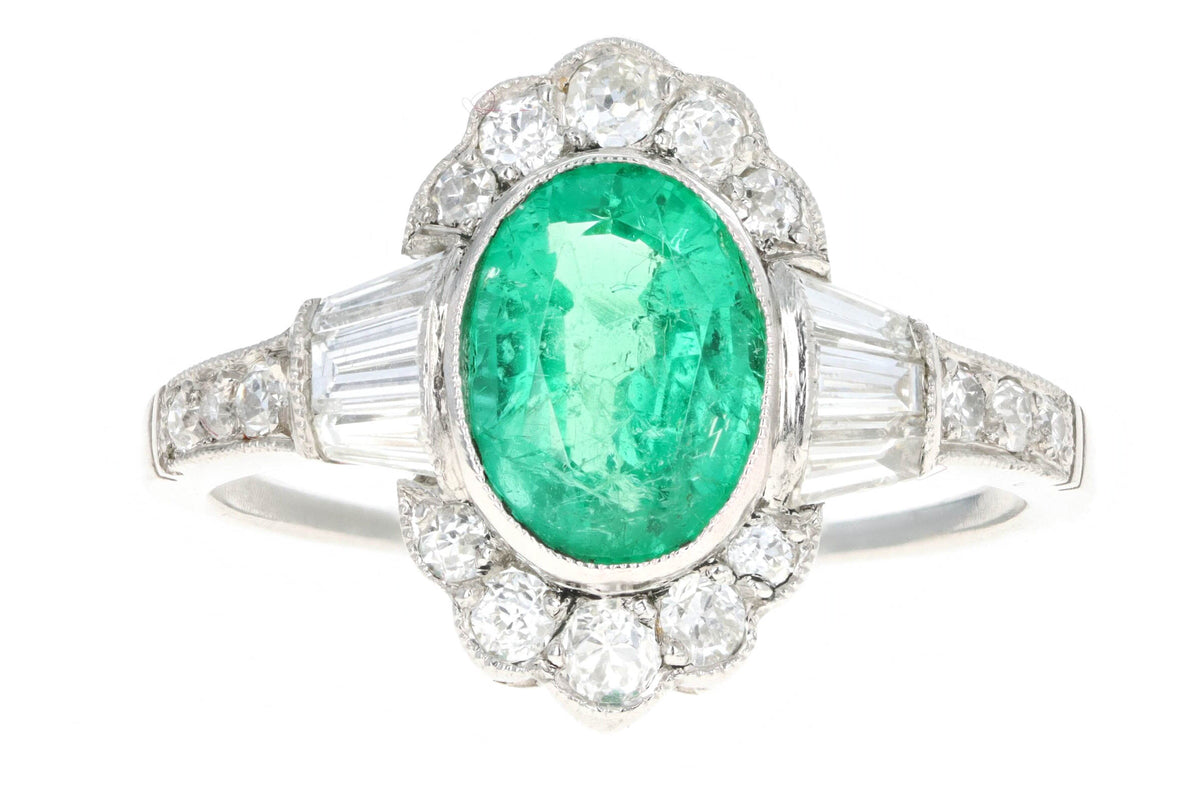 Art Deco Inspired Platinum 1.25 Carat Oval Cut Natural Emerald & Old European Cut Diamond Ring - Queen May