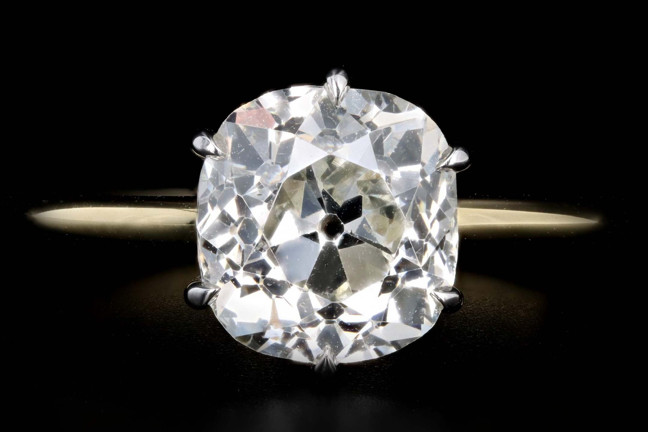 18K Yellow Gold & Platinum 2.84 Carat Old Mine Cut Diamond Solitaire Engagement Ring GIA Certified - Queen May