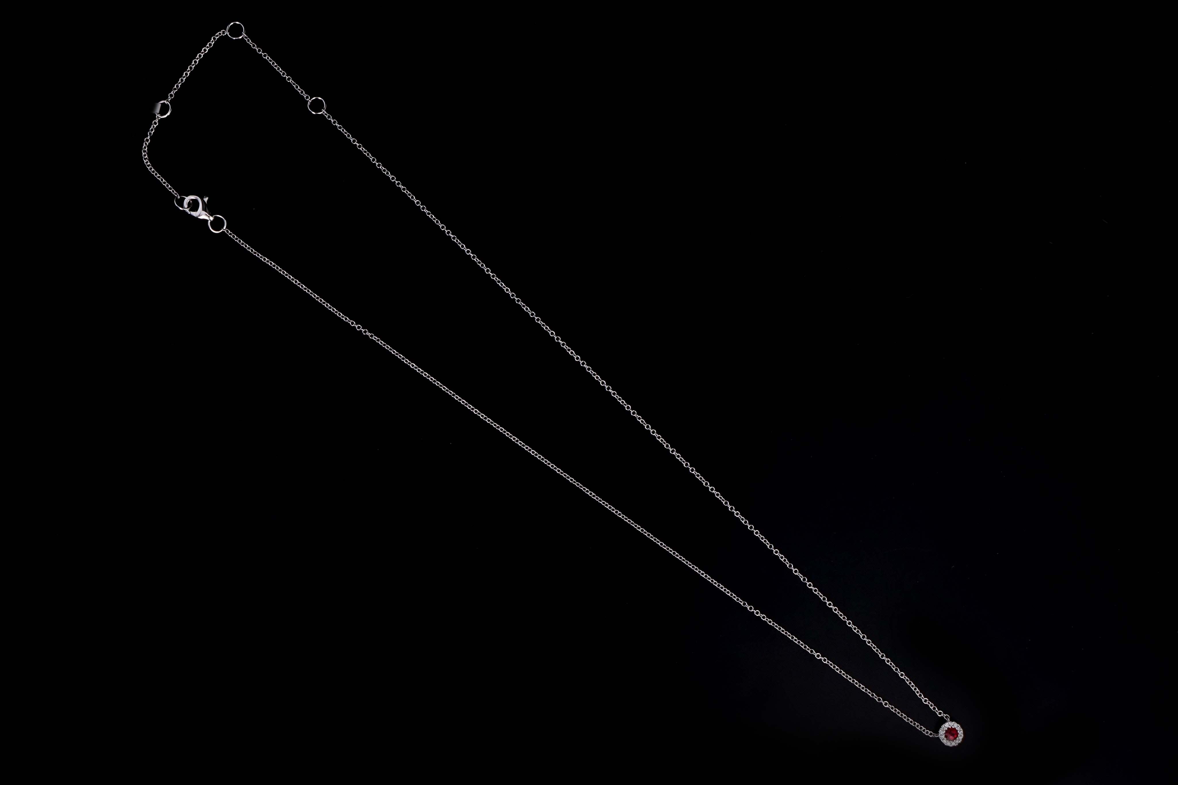 14K White Gold Ruby & Diamond Halo Pendant Necklace - Queen May