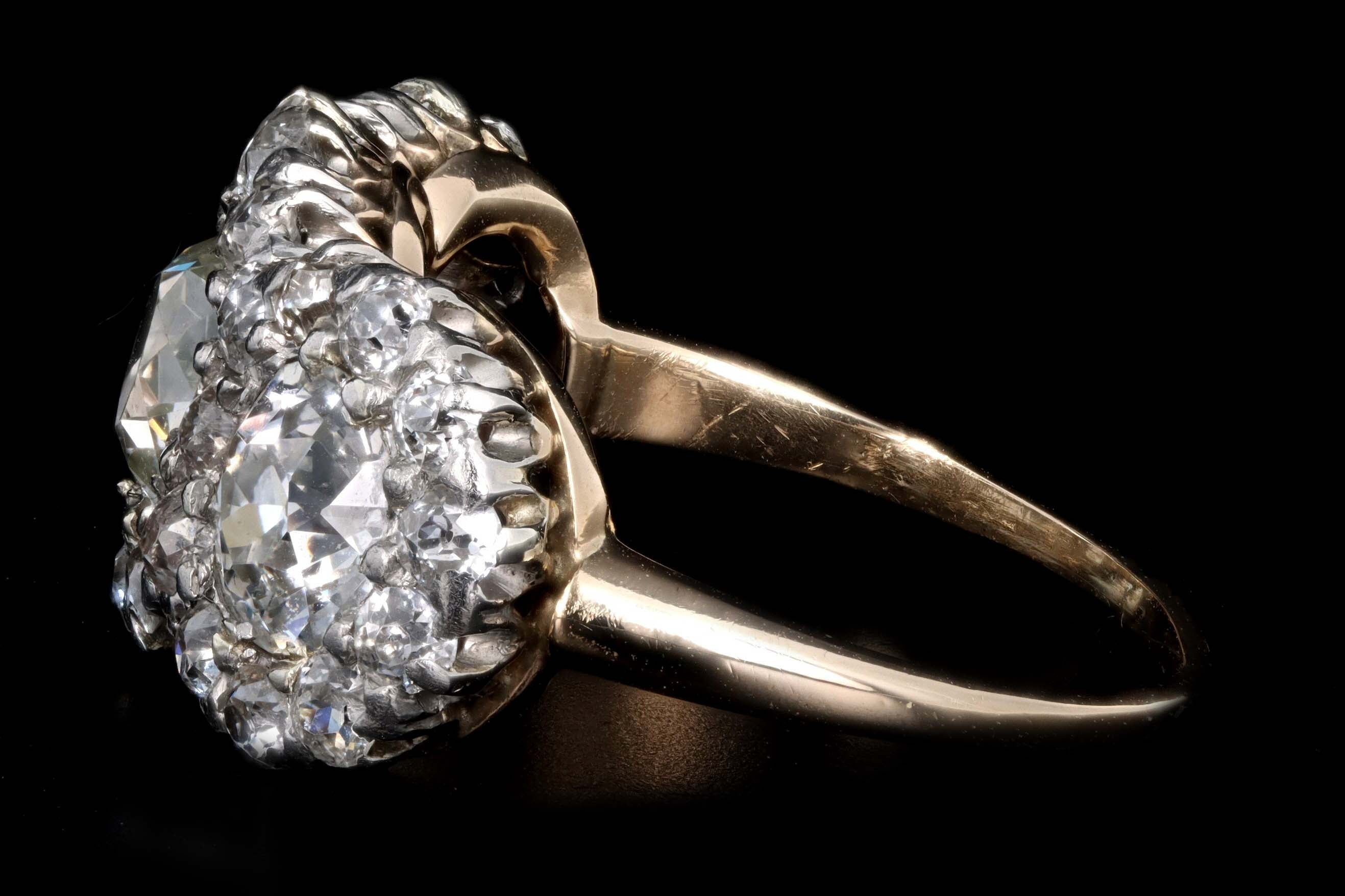 Victorian 18K Yellow Gold & Platinum Three Stone Old Mine Cut Diamond Cluster Ring - Queen May