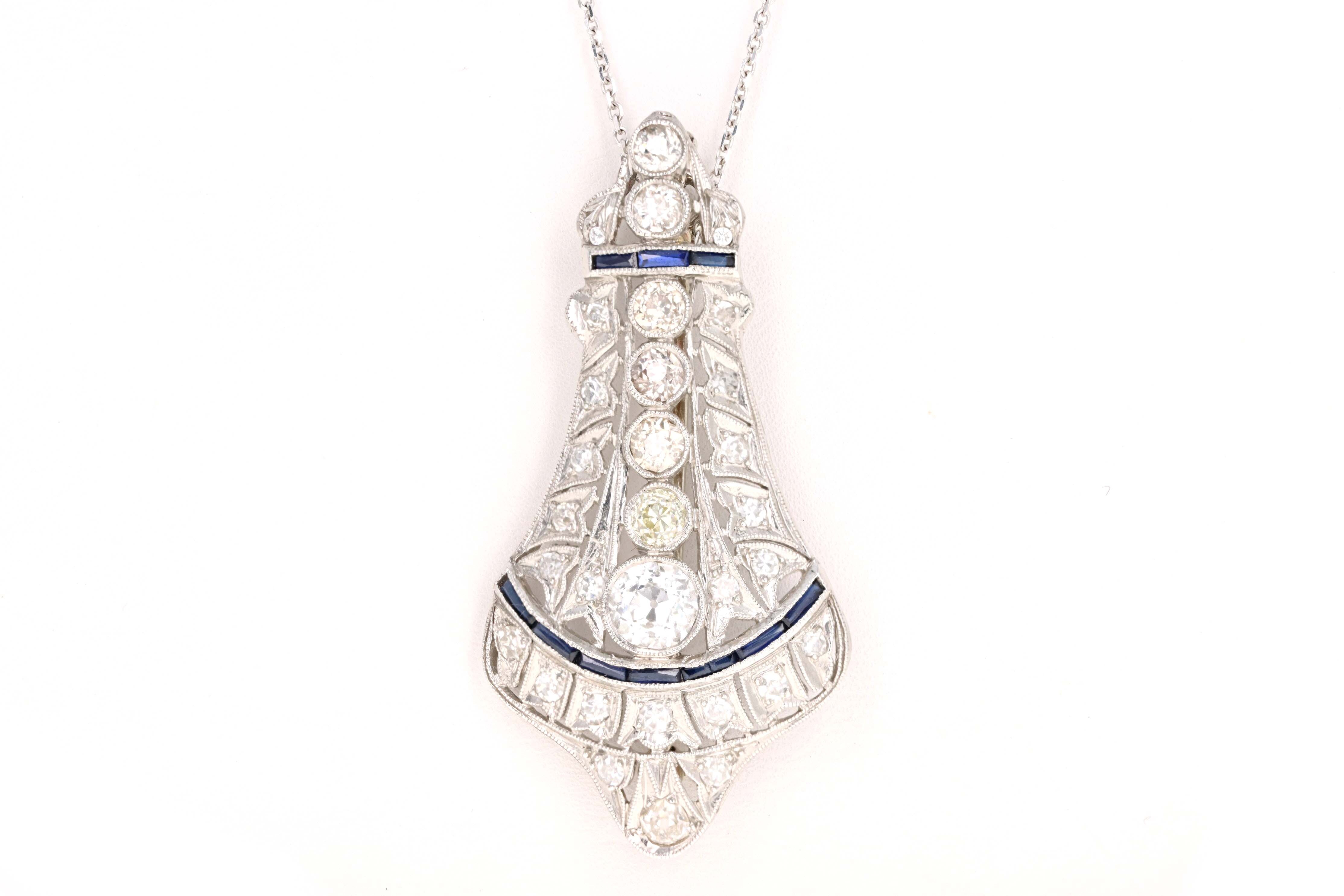 Art Deco Platinum Diamond and Sapphire Brooch and Pendant - Queen May