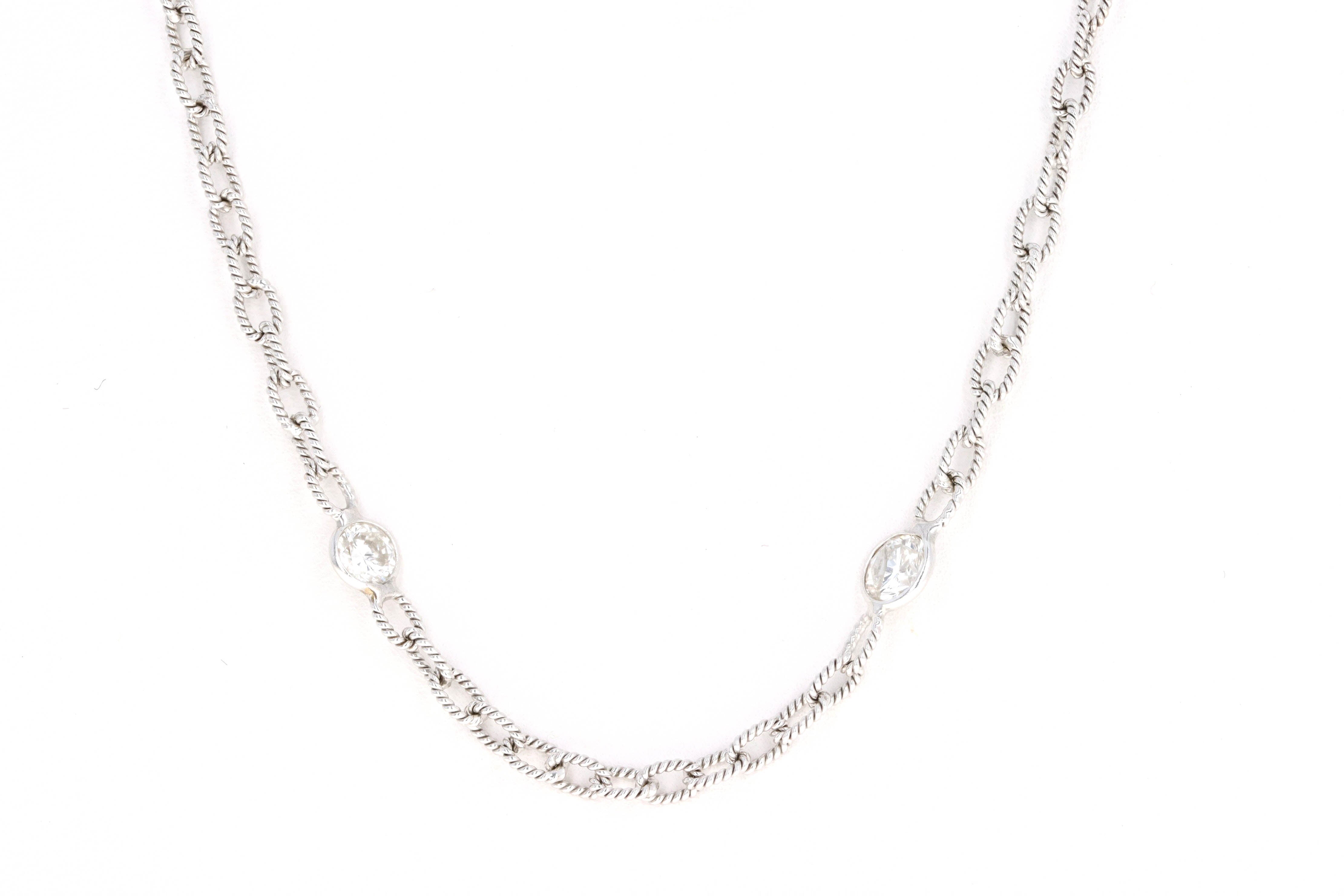 18K White Gold 3.0 Carat Total Weight Round Diamond Bezel Station Twisted Link Necklace - Queen May