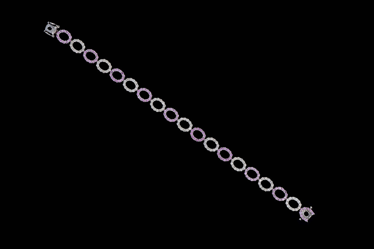 14K White Gold Natural Pink Sapphire & Diamond Oval Link Bracelet - Queen May