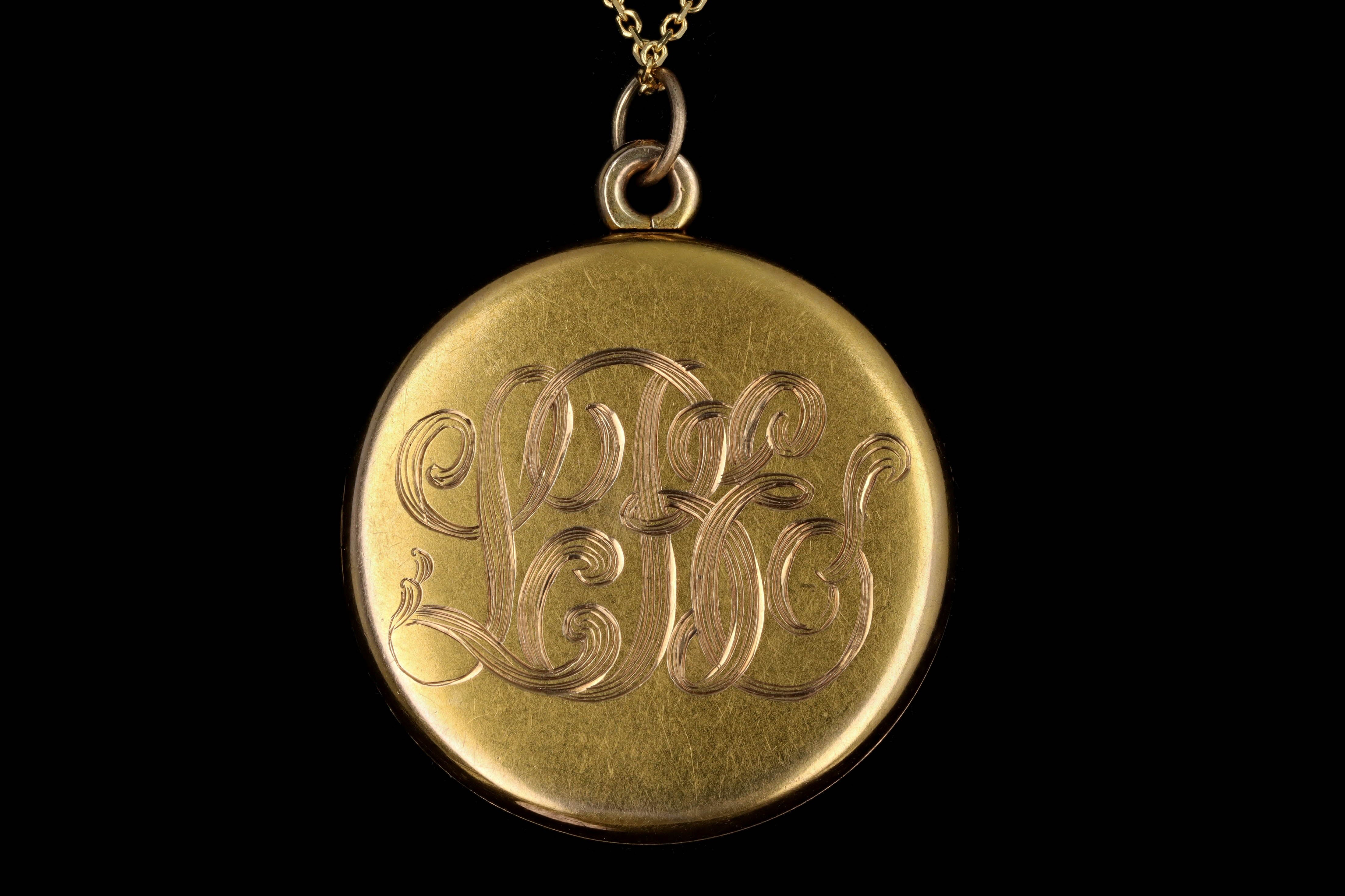 Victorian 14K Yellow Gold 0.03 Carat Old Mine Cut Diamond Engraved Locket Necklace - Queen May