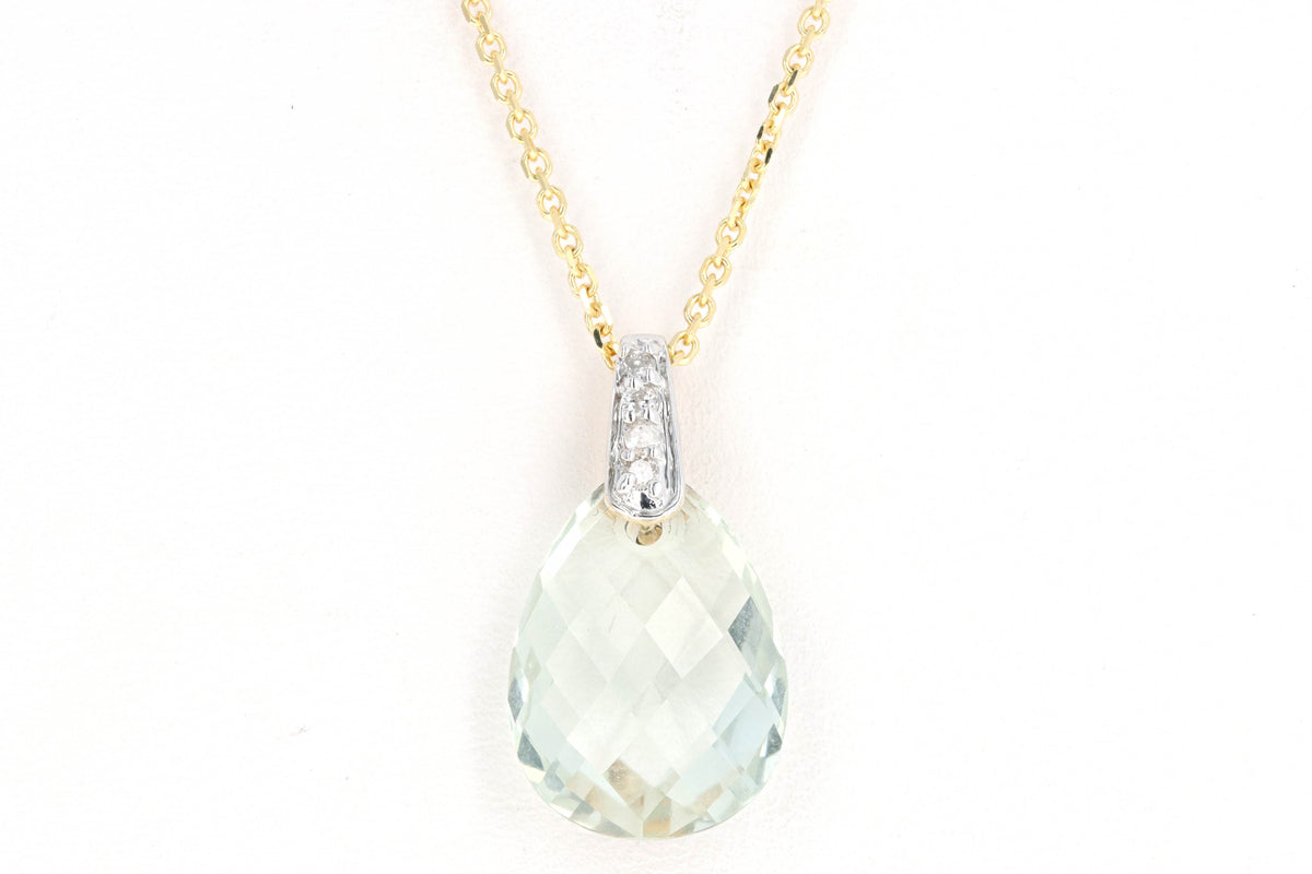 14K Yellow Gold Briolette Cut Prasiolite & Diamond Pendant Necklace - Queen May