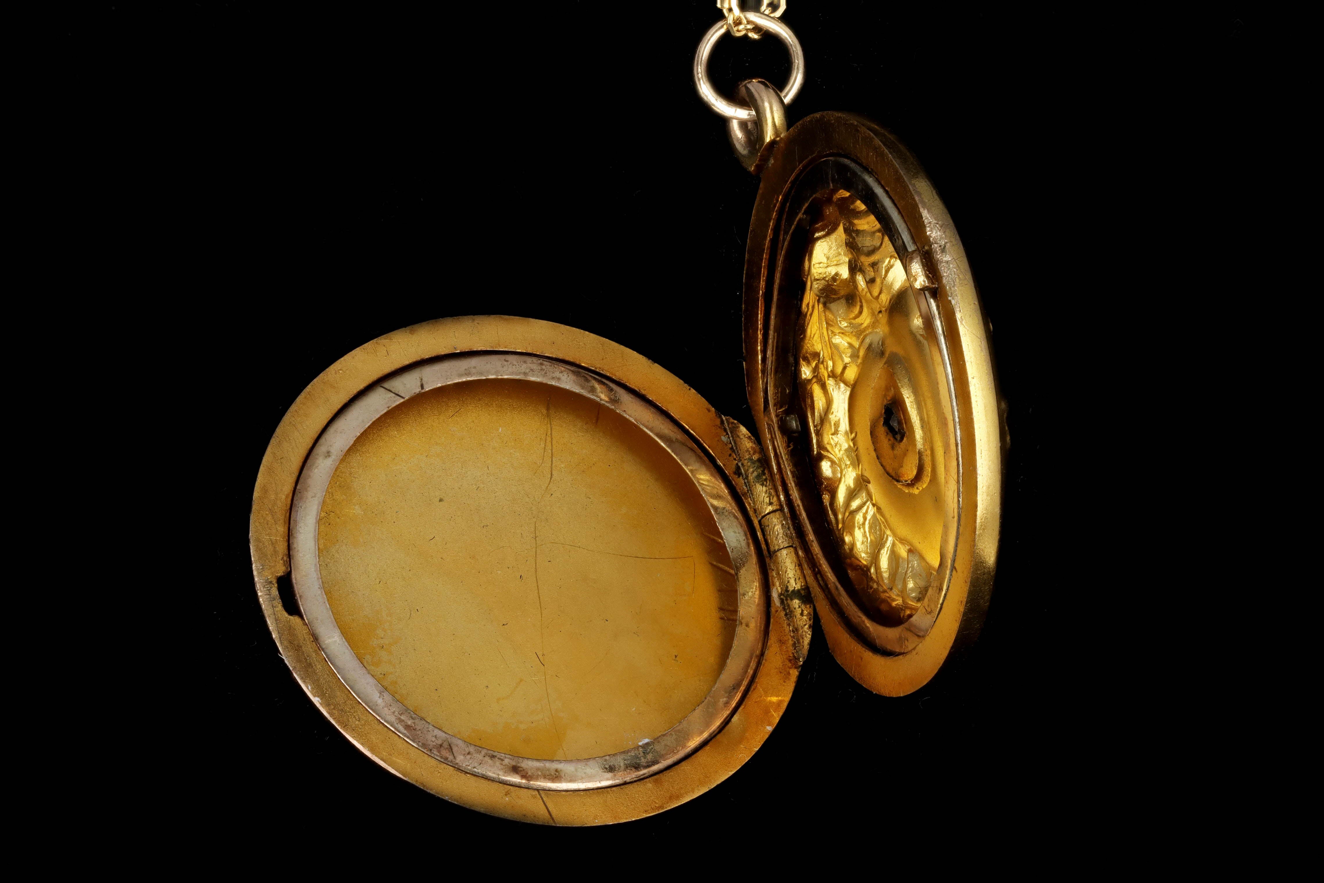 Victorian 14K Yellow Gold 0.03 Carat Old Mine Cut Diamond Engraved Locket Necklace - Queen May