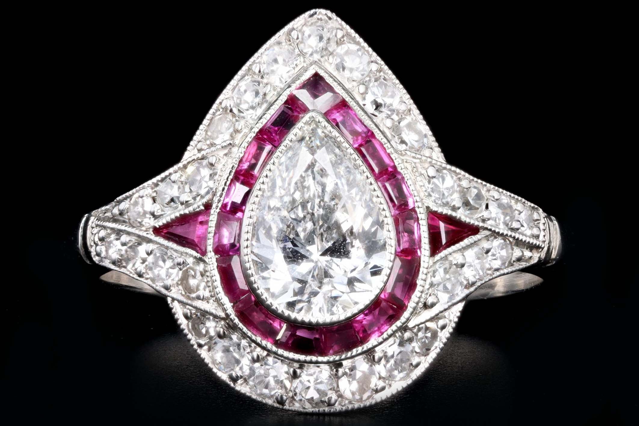 Art Deco Inspired .76 Carat Pear Cut Diamond & Natural Ruby Halo Engagement Ring - Queen May