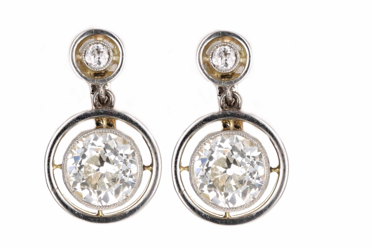 Edwardian 18K Yellow Gold Platinum 3.19 Carat Total Weight Old European Cut Diamond Drop Earrings - Queen May
