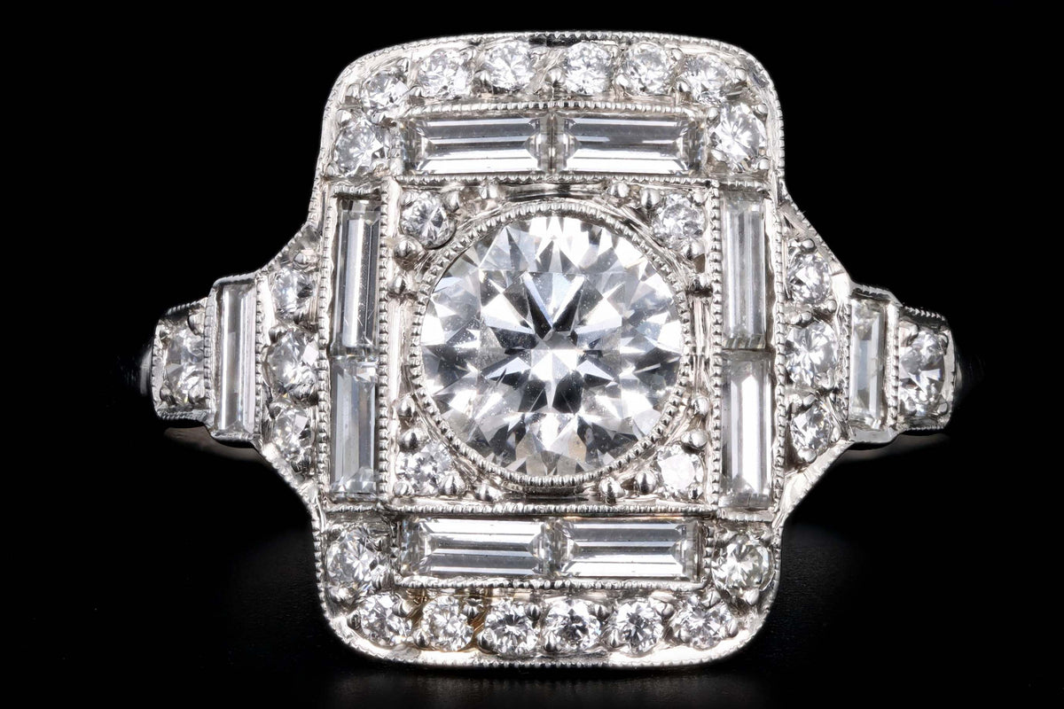 Art Deco Inspired Platinum 1.20 Carat Total Weight Round & Baguette Cut Diamond Ring - Queen May
