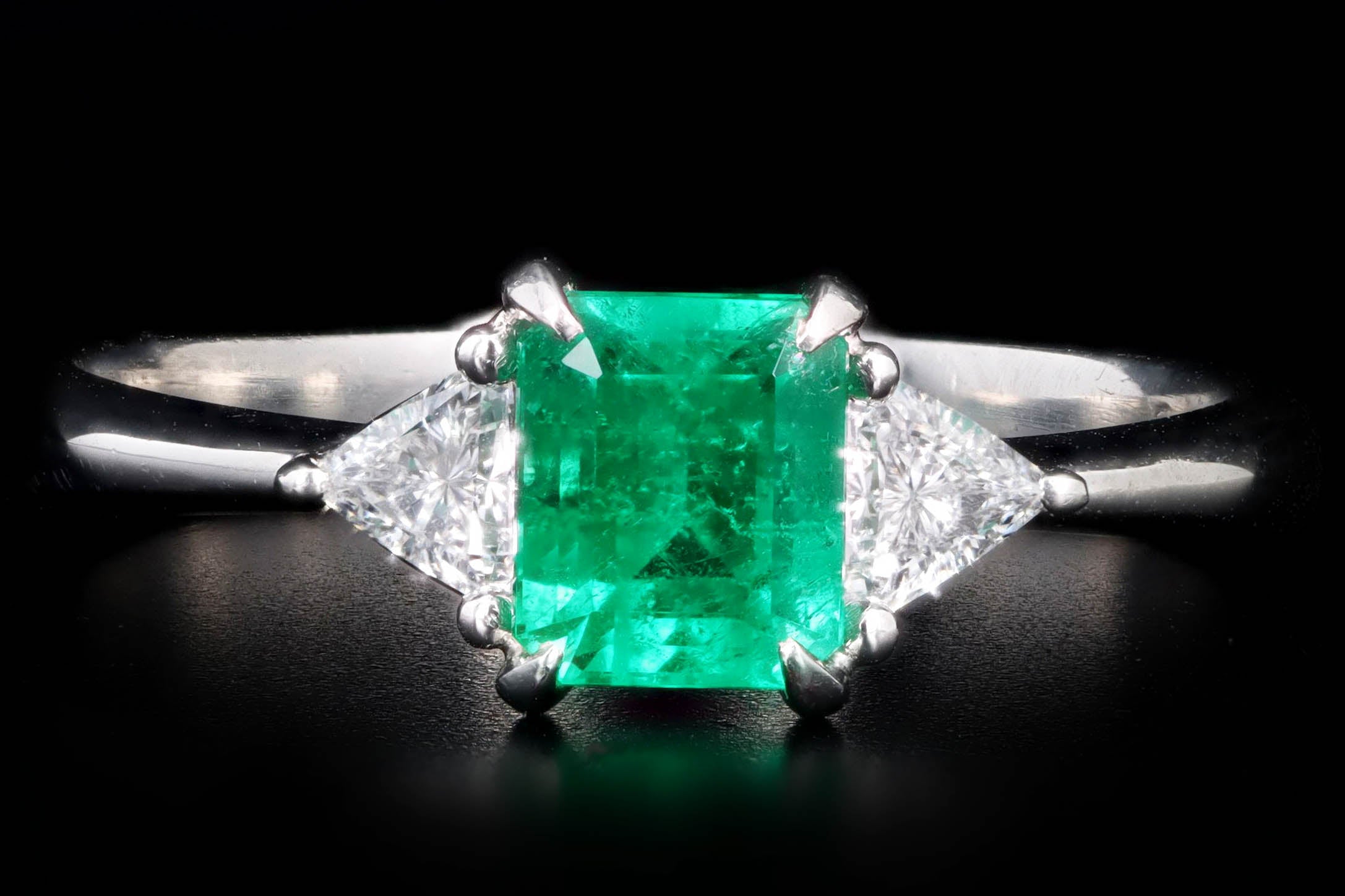 Platinum 1.11 Carat Natural Emerald & Trillion Diamond Three Stone Ring - Queen May