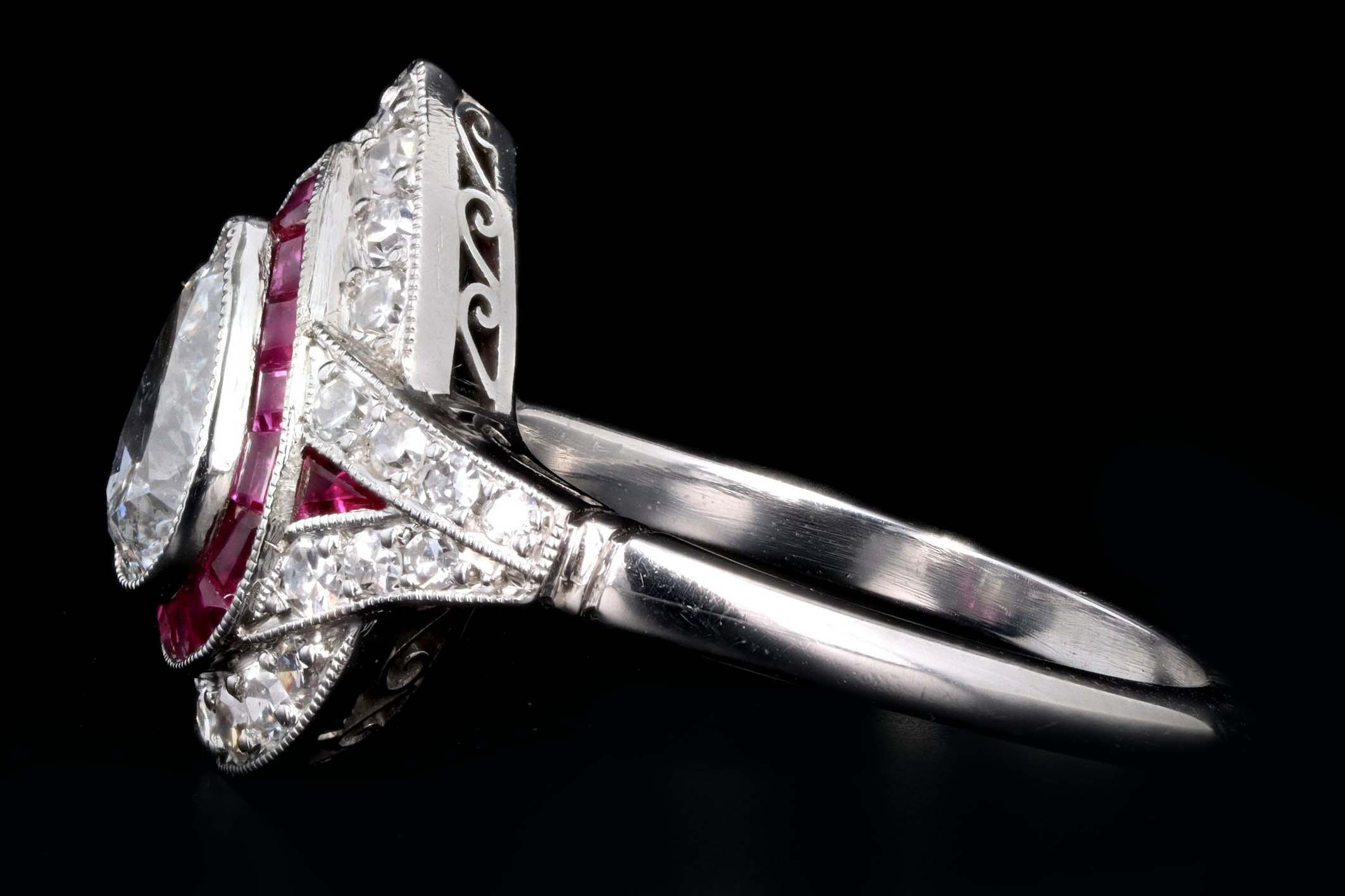 Art Deco Inspired .76 Carat Pear Cut Diamond & Natural Ruby Halo Engagement Ring - Queen May