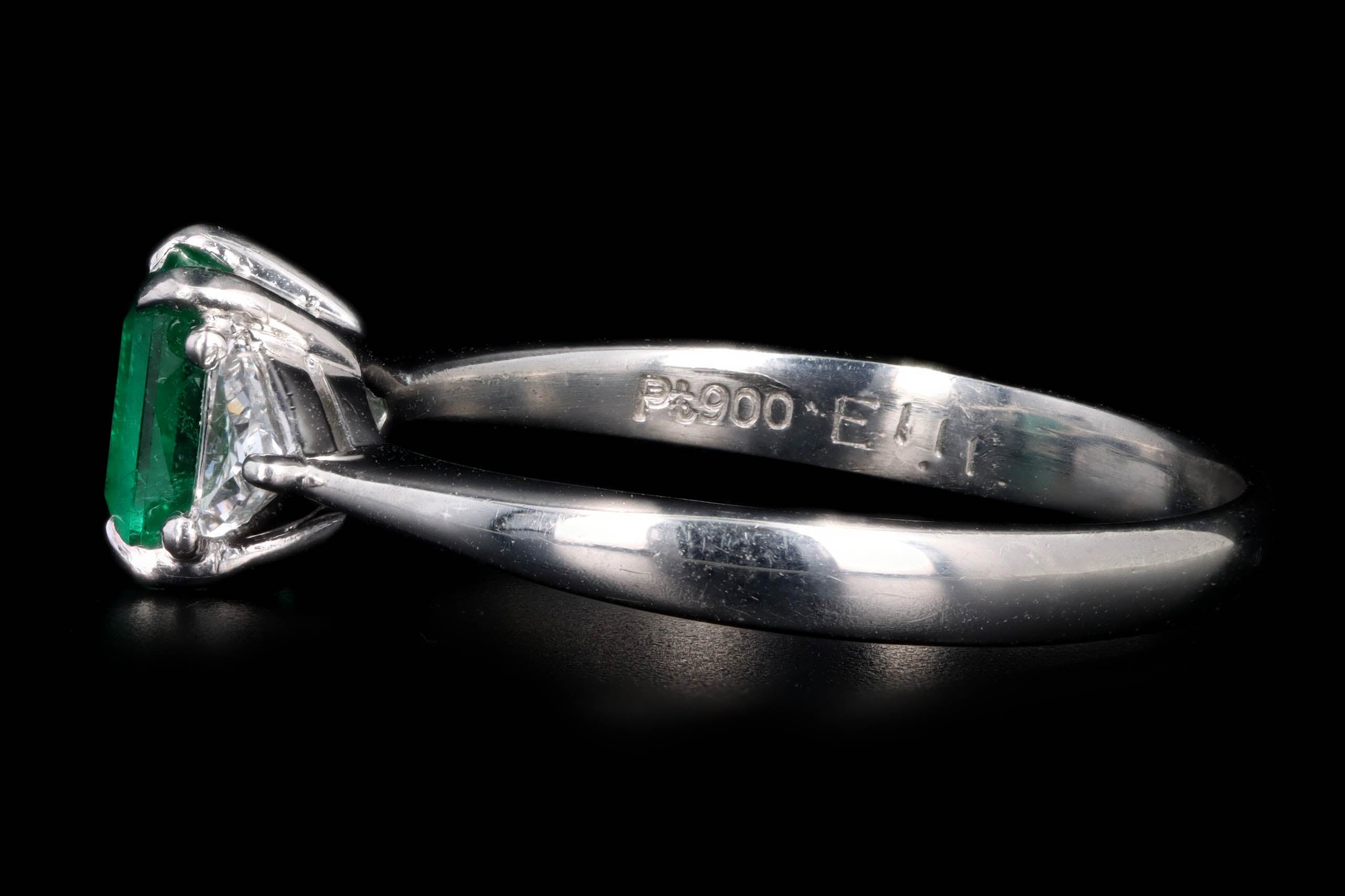 Platinum 1.11 Carat Natural Emerald & Trillion Diamond Three Stone Ring - Queen May