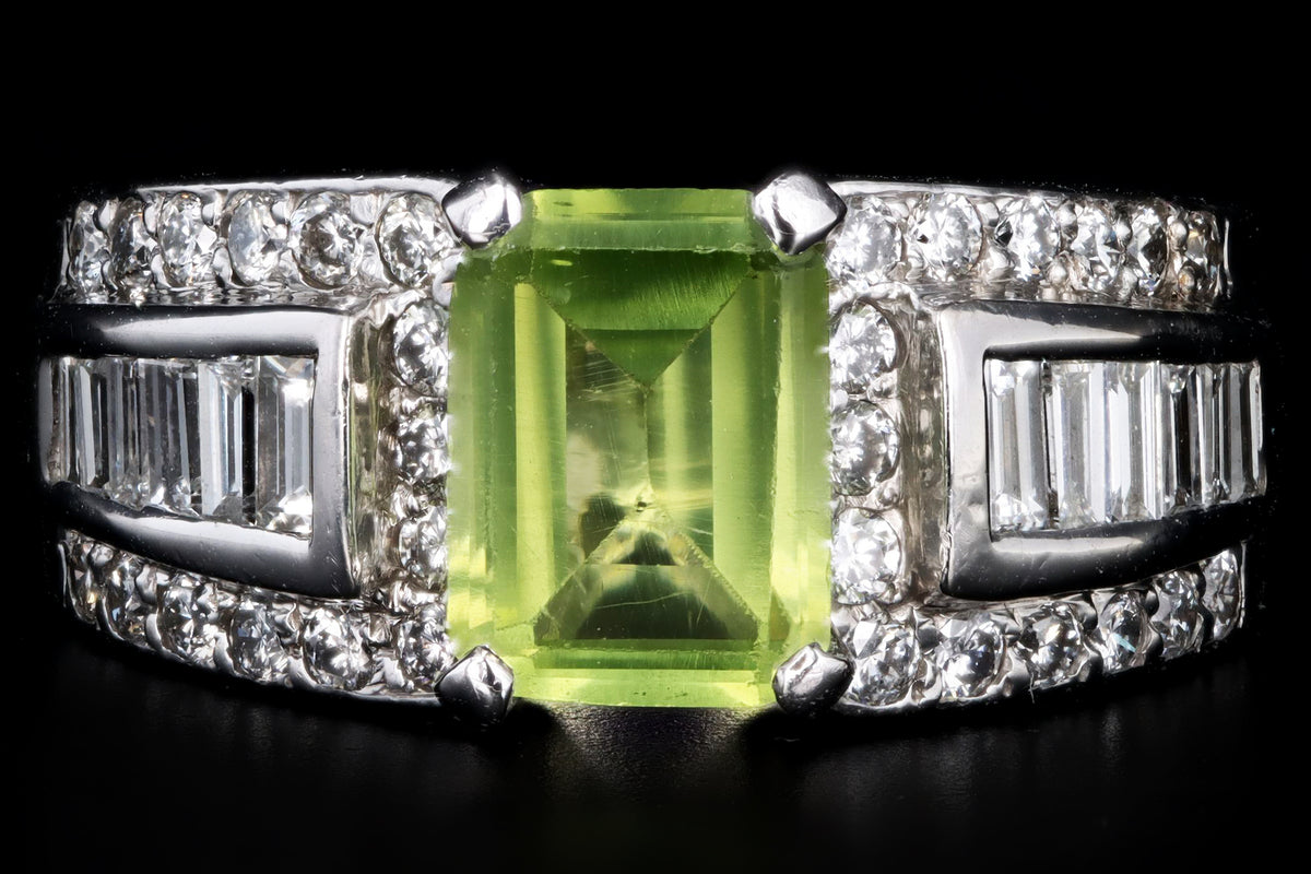 14K White Gold 1.35 Carat Emerald Cut Peridot & Diamond Ring - Queen May