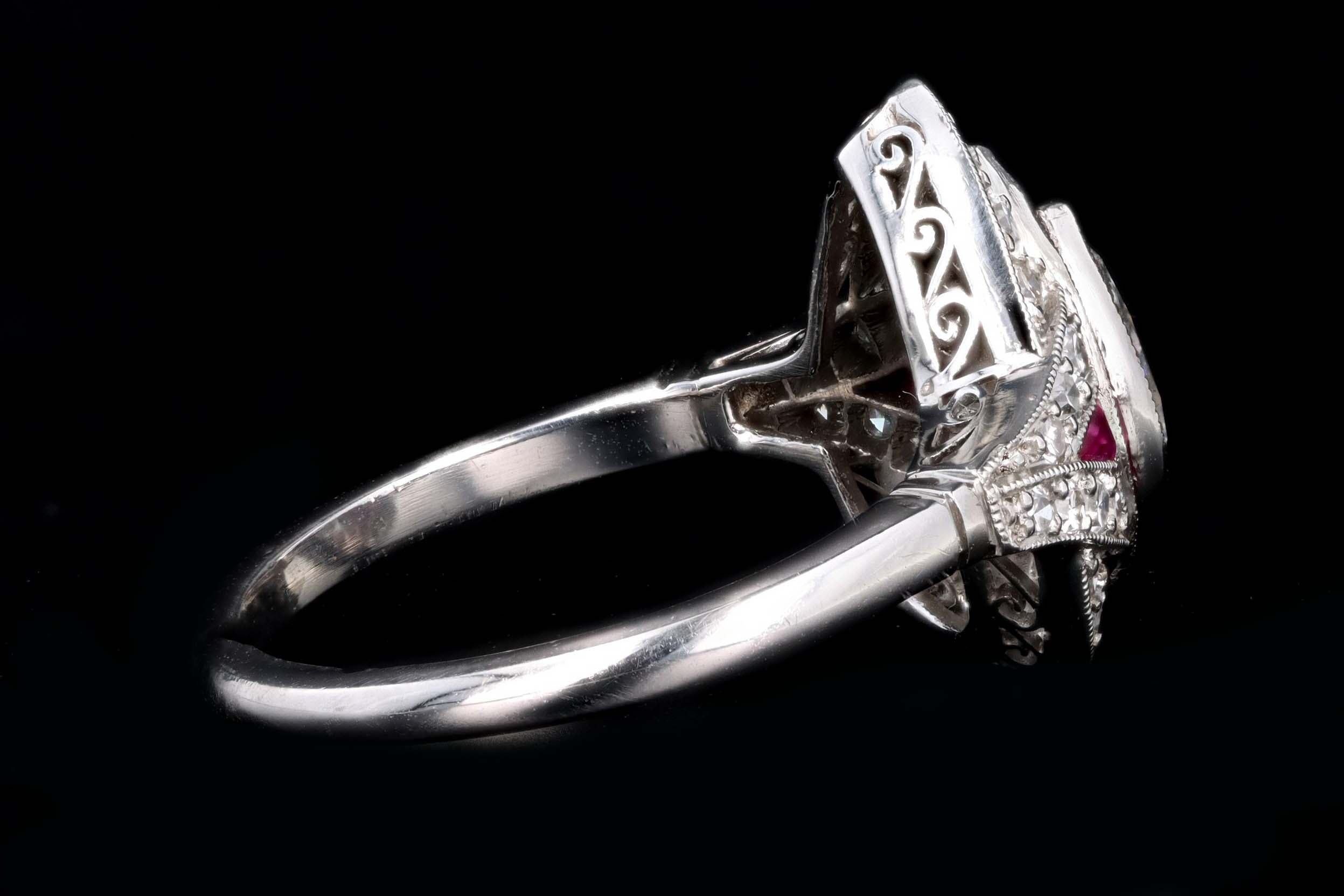 Art Deco Inspired .76 Carat Pear Cut Diamond & Natural Ruby Halo Engagement Ring - Queen May