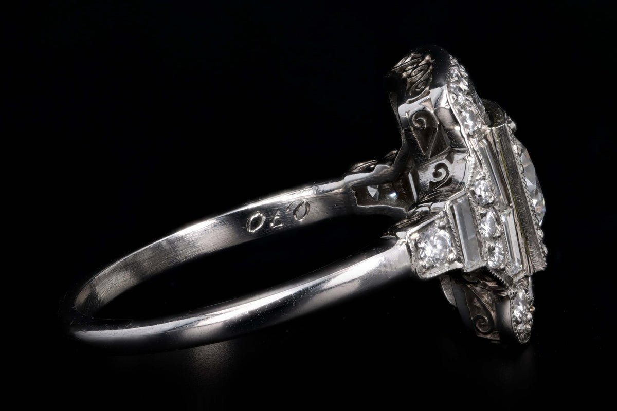 Art Deco Inspired Platinum 1.20 Carat Total Weight Round & Baguette Cut Diamond Ring - Queen May
