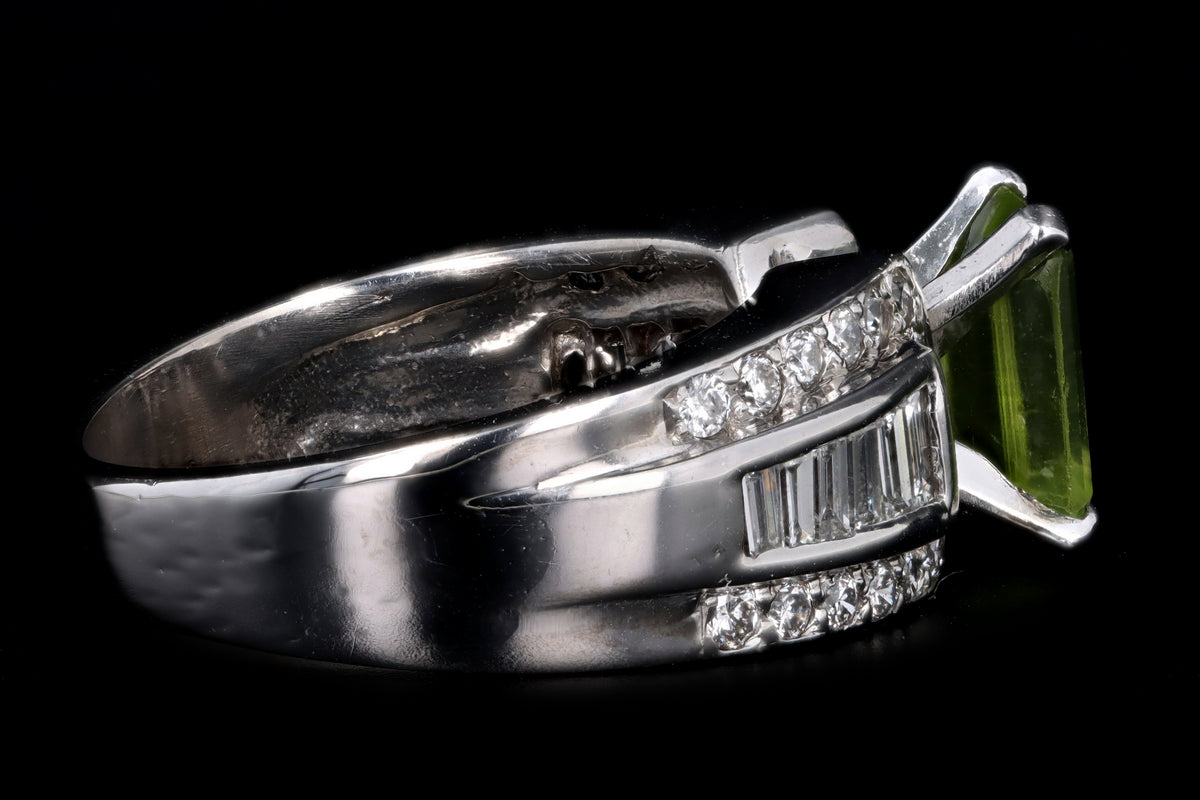 14K White Gold 1.35 Carat Emerald Cut Peridot & Diamond Ring - Queen May