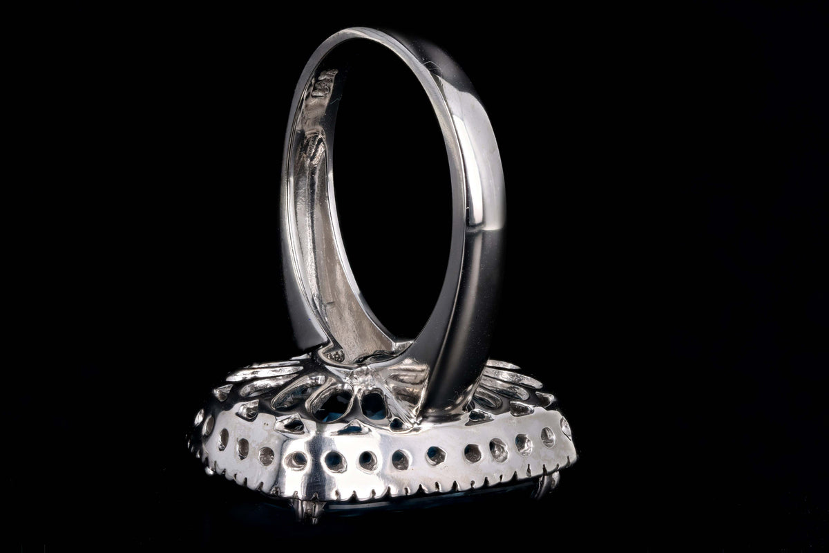 14K White Gold 11.82 Carat Blue Topaz & Diamond Halo Ring - Queen May