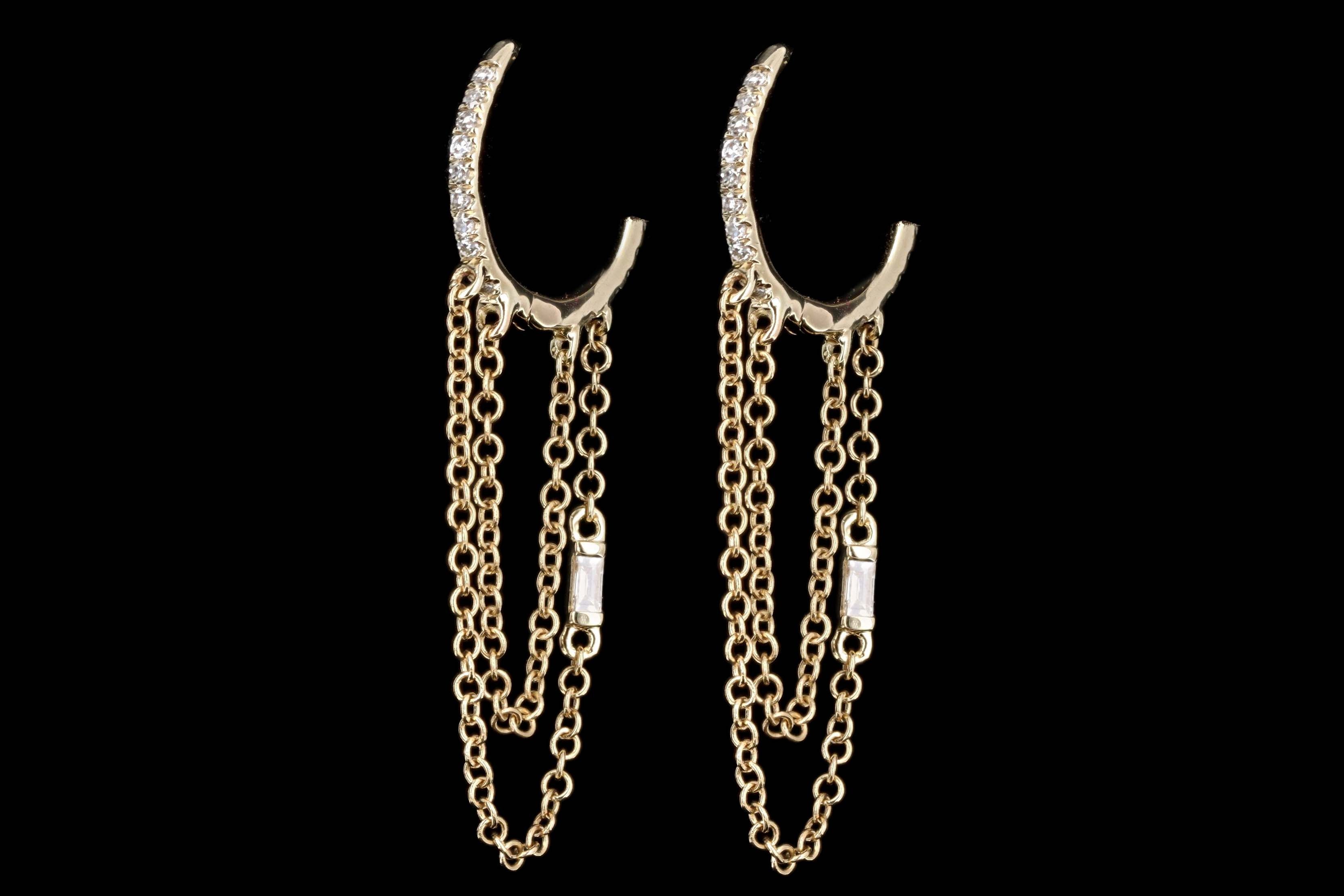 14K Yellow Gold .18 Carat Total Weight Diamond Baguette Chain Huggie Earrings - Queen May