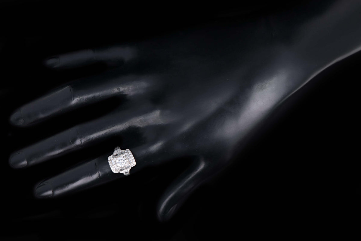 Art Deco Inspired Platinum 1.20 Carat Total Weight Round & Baguette Cut Diamond Ring - Queen May