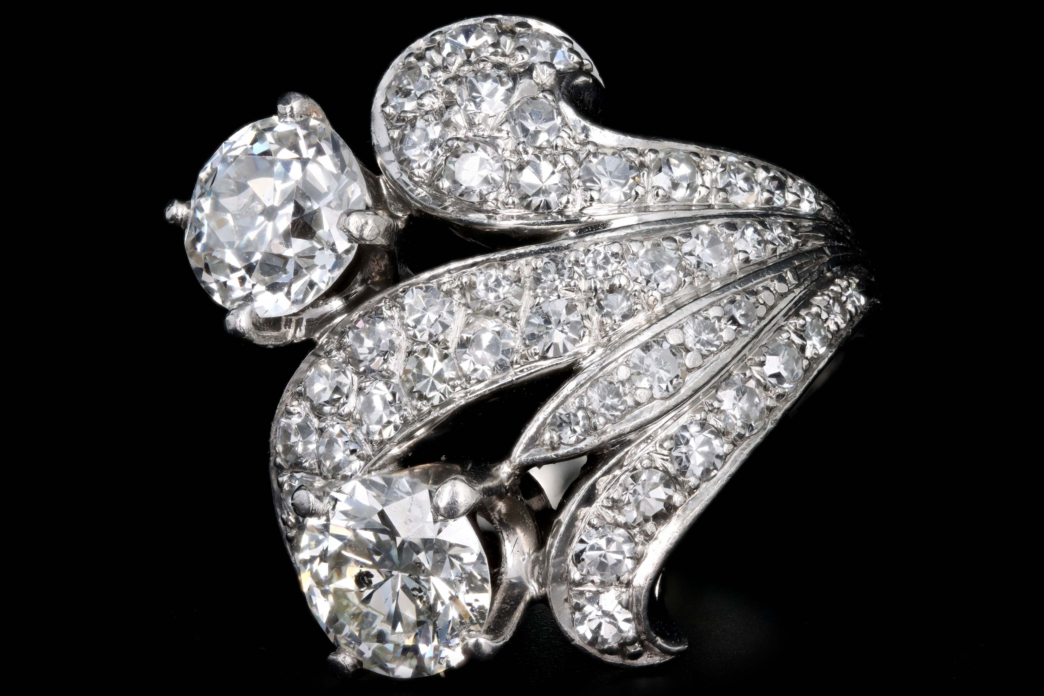 Art Deco Platinum 2.85 Carat Total Weight Old European Cut Diamond Toi Et Moi Two Stone Ring - Queen May